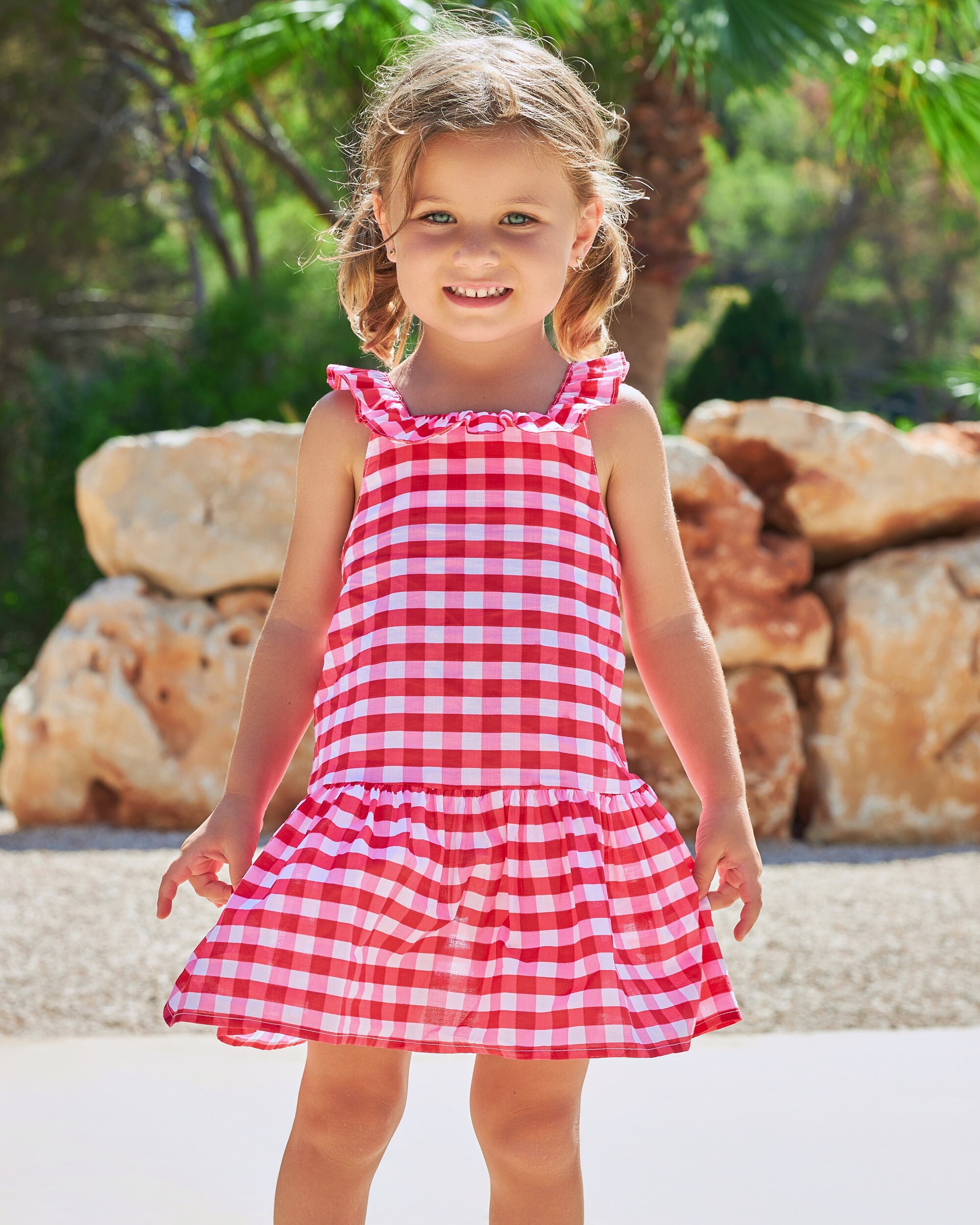 Vestido para Bebé Vichy em Vermelho com Alças Cruzadas Vermelho / Branco-4