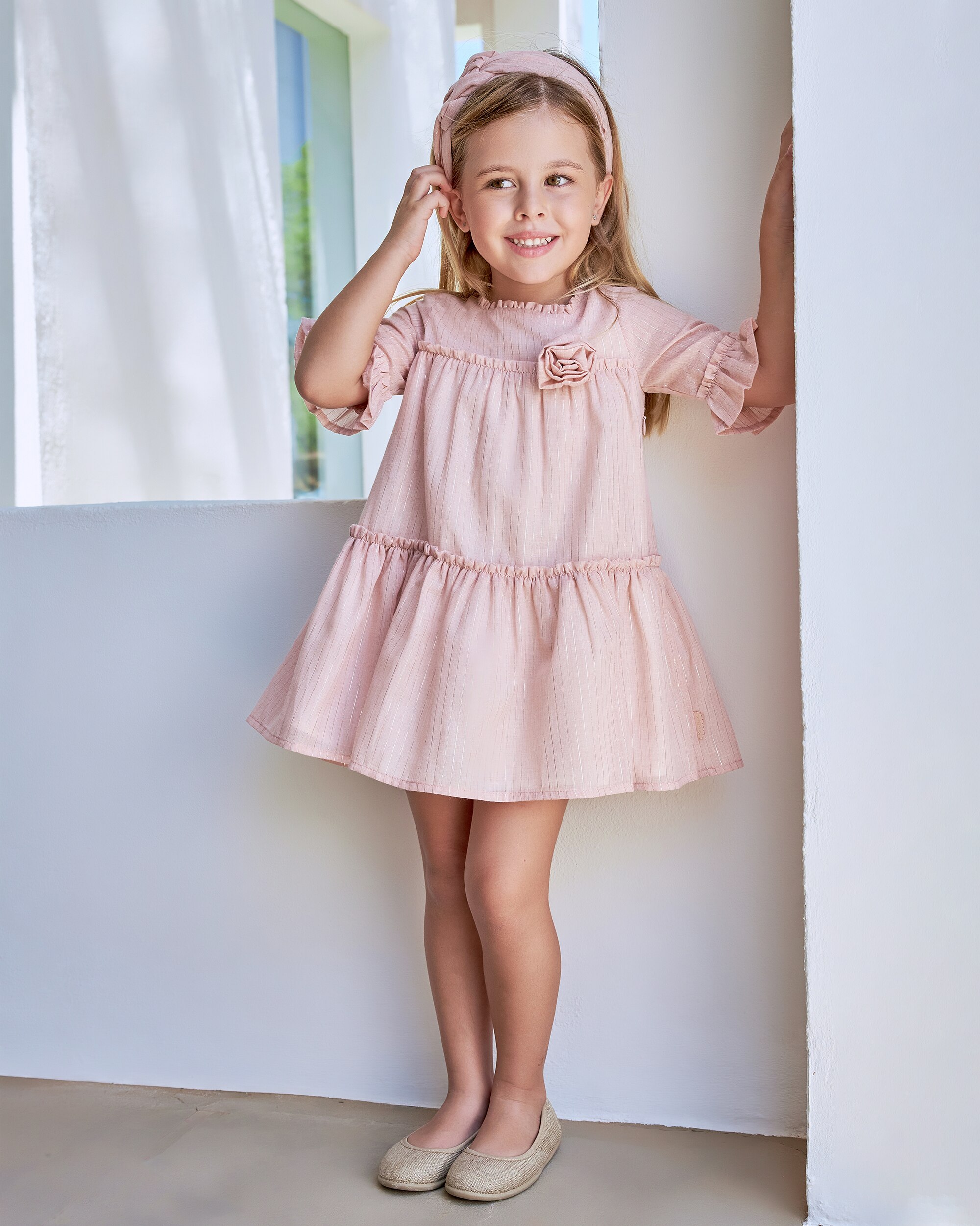 Vestido Infantil de Muselina com Aplique de Flor Rosa-pastel-4