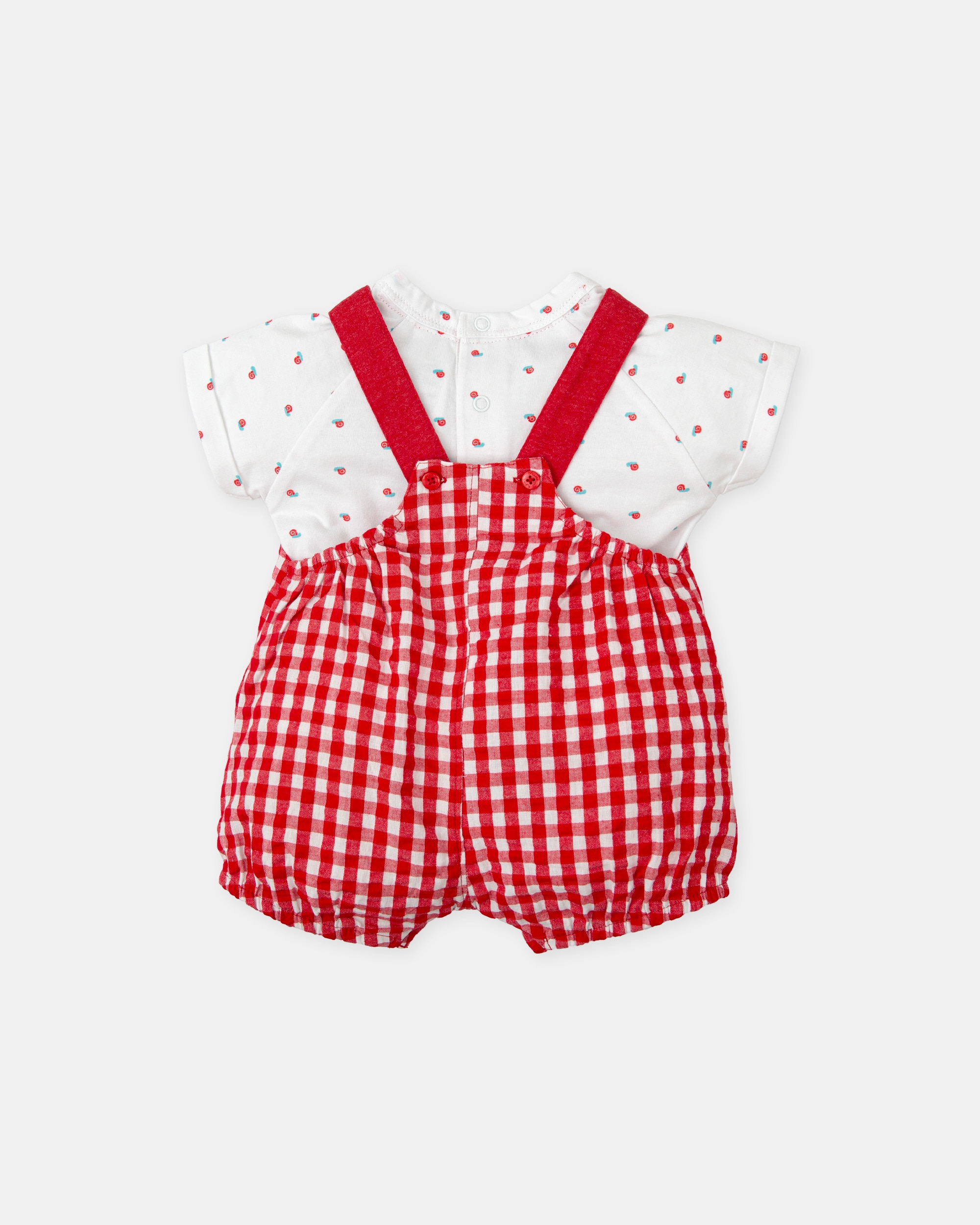 Conjunto para Bebé de T-shirt Branca Estampada e Jardineira Curta Vichy em Vermelho Vermelho / Branco-2