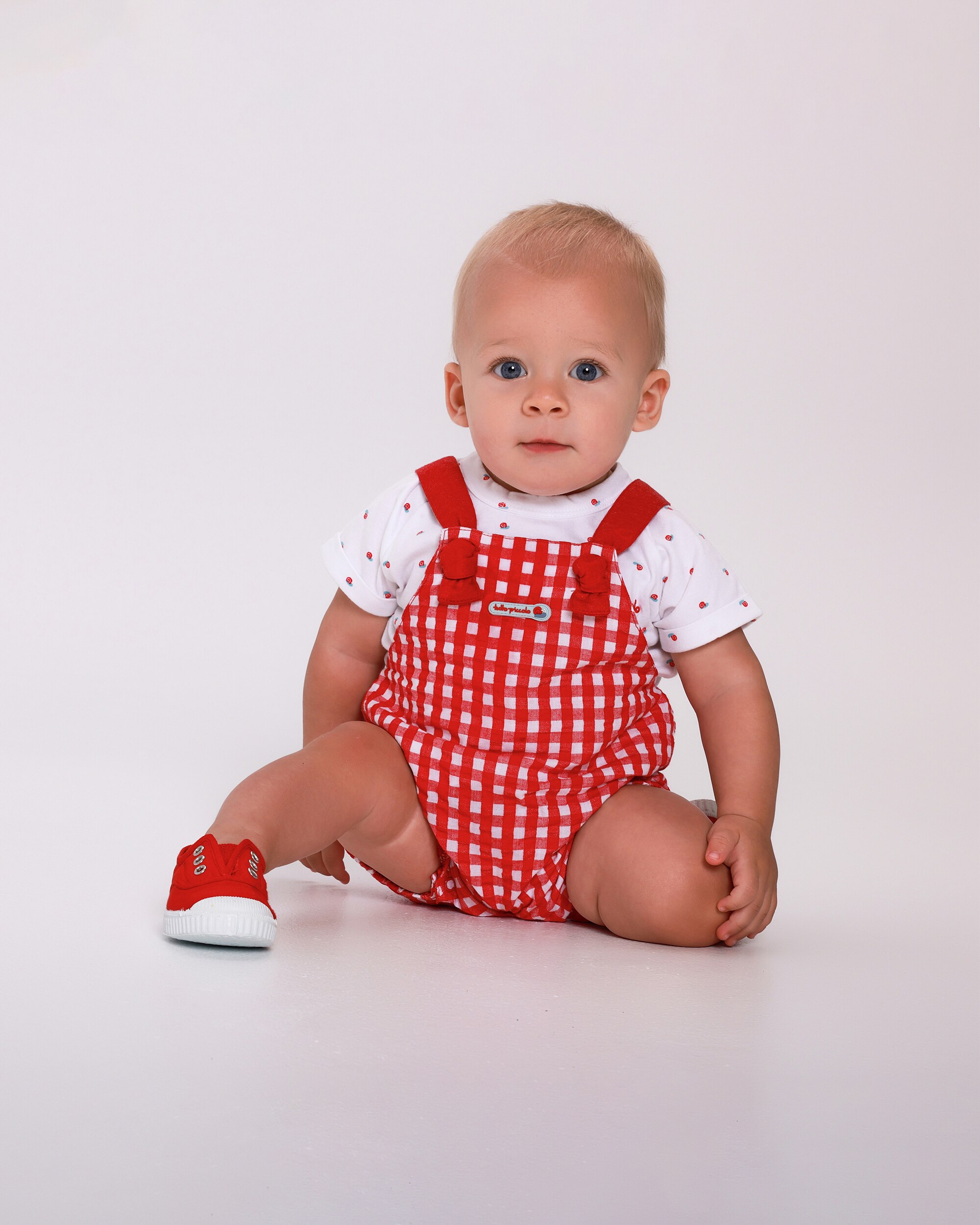Conjunto para Bebé de T-shirt Branca Estampada e Jardineira Curta Vichy em Vermelho Vermelho / Branco-4
