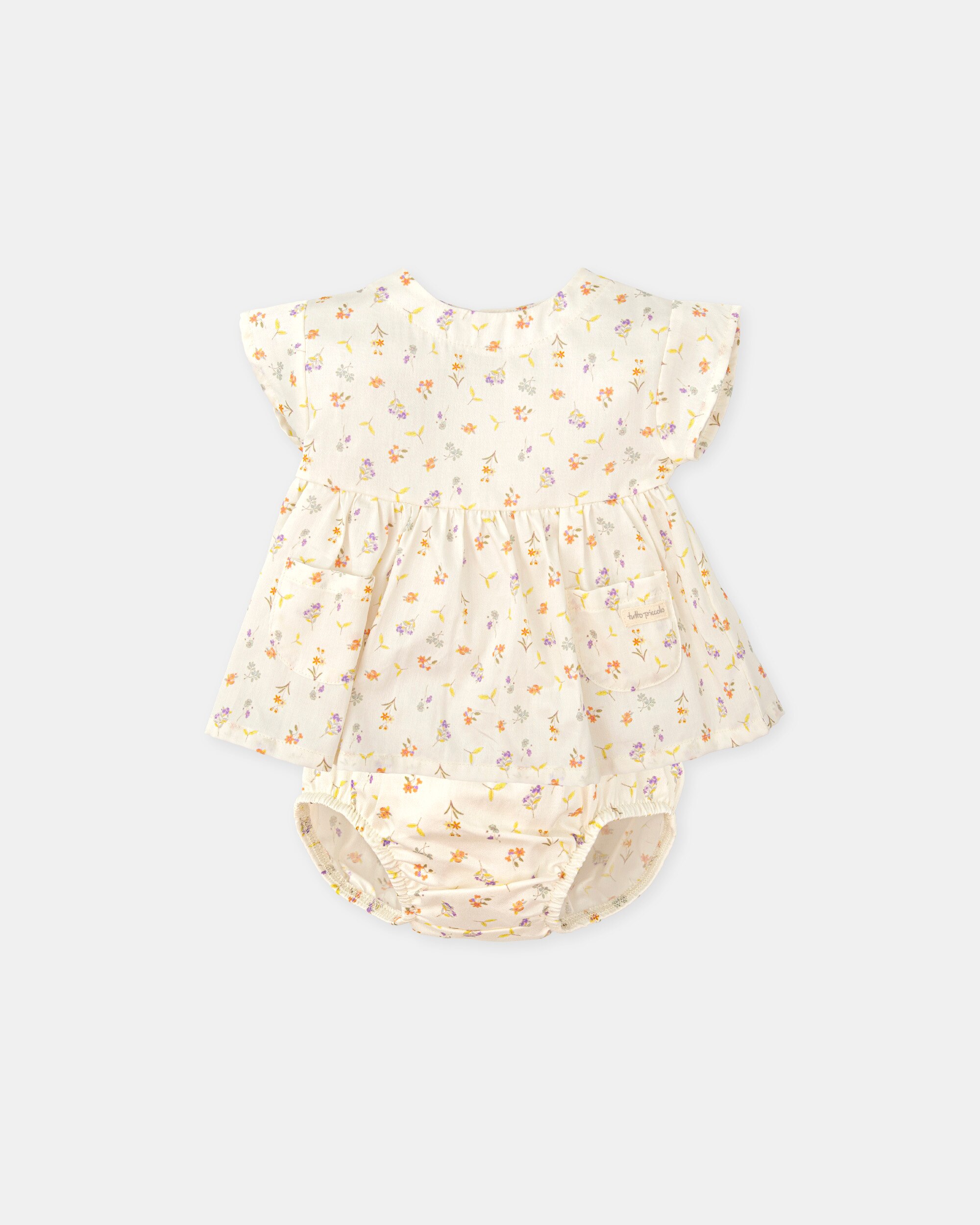 Vestido para Bebé com Cueca em Cetim Estampado Cru-1