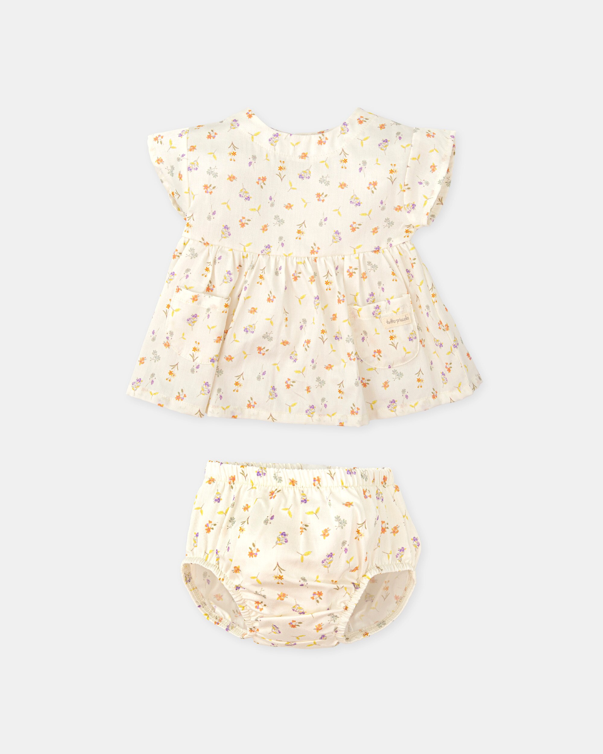 Vestido para Bebé com Cueca em Cetim Estampado Cru-3
