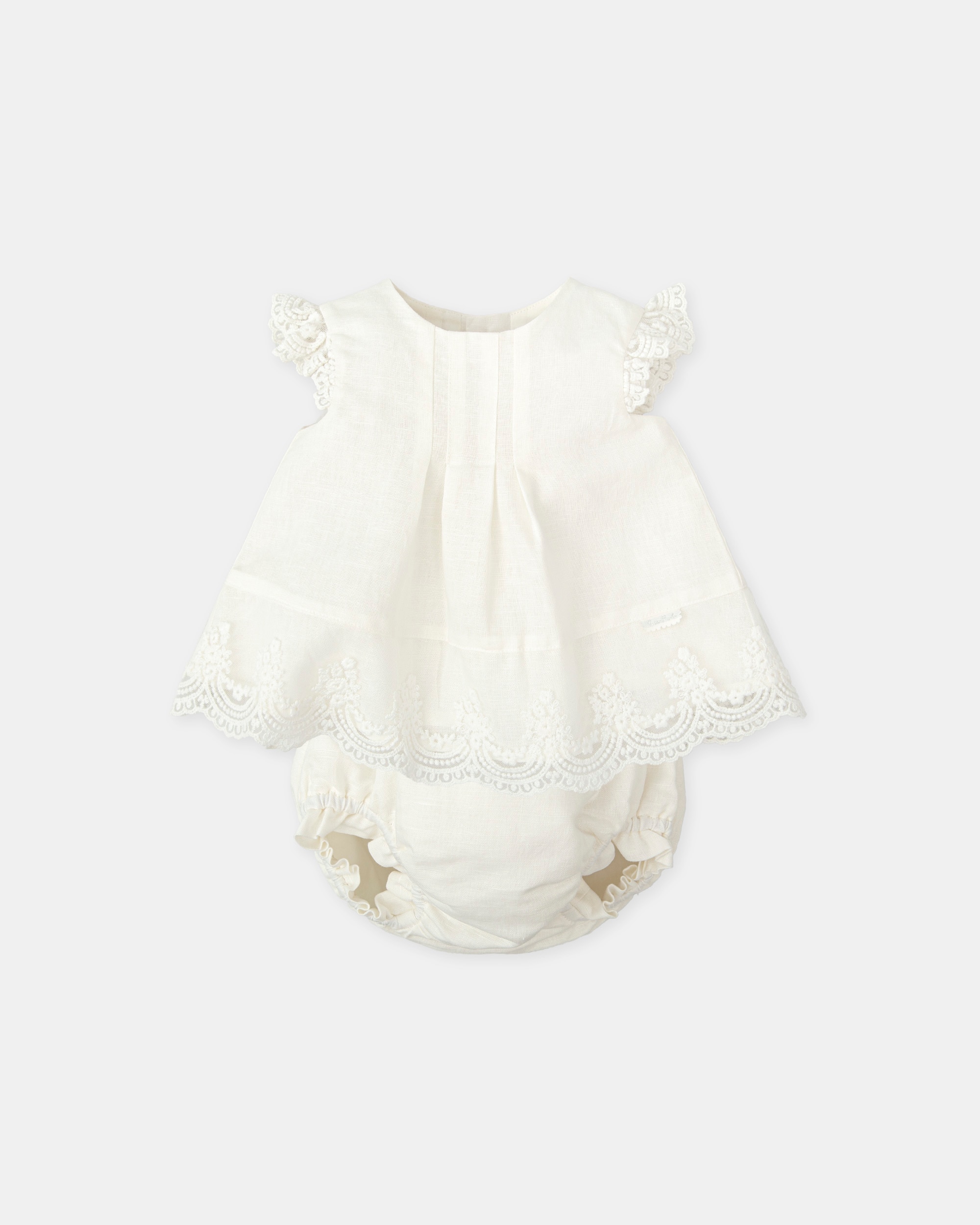Vestido para Bebé em Linho com Renda e Cueca em Conjunto Branco-1