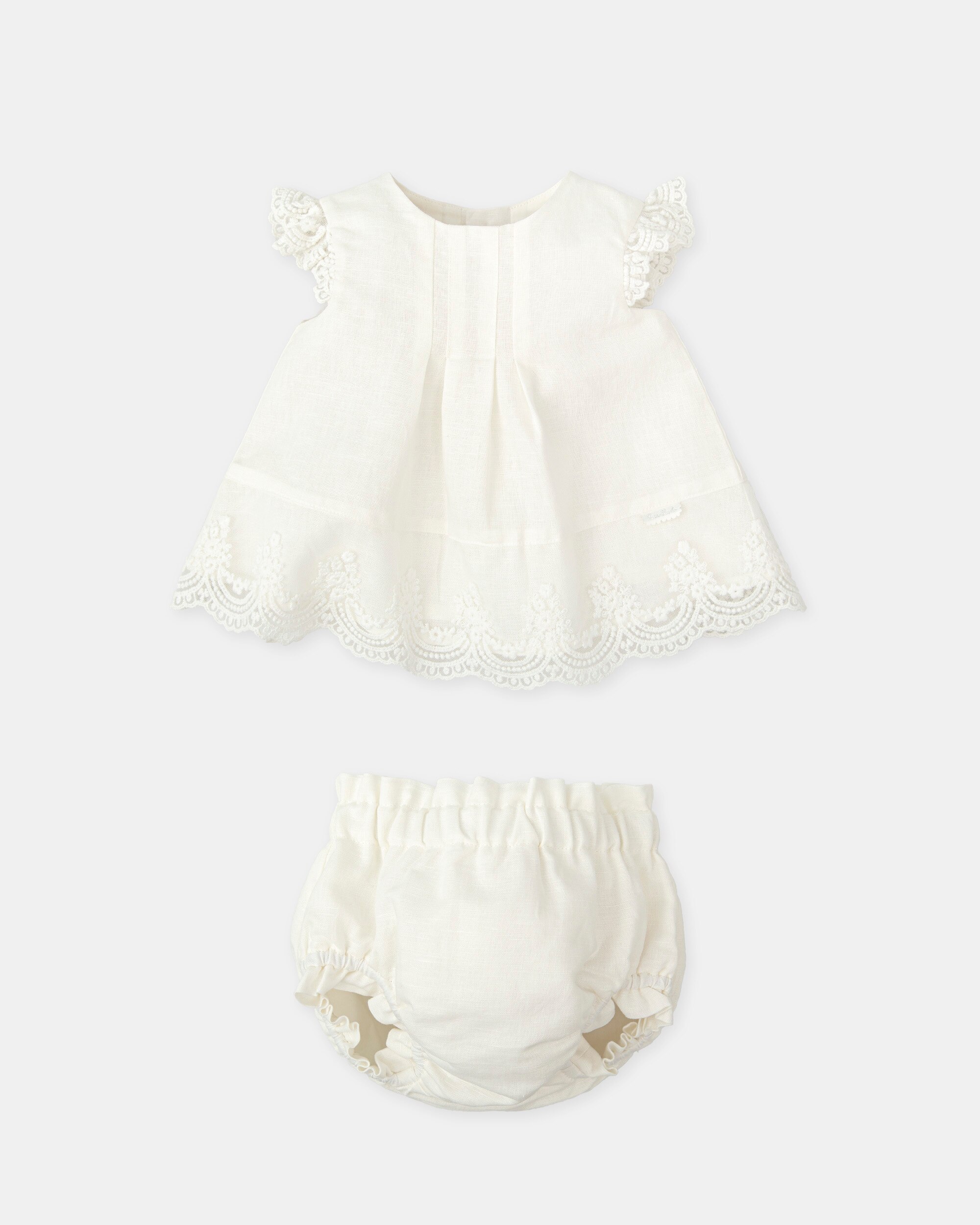 Vestido para Bebé em Linho com Renda e Cueca em Conjunto Branco-3