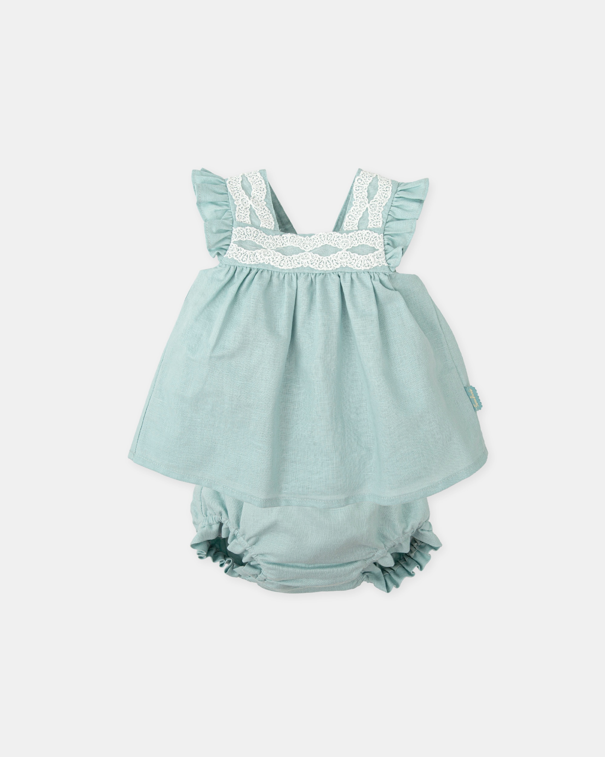 Vestido para Bebé em Linho com Renda e Cueca em Conjunto Tutto Piccolo Verde Água-1