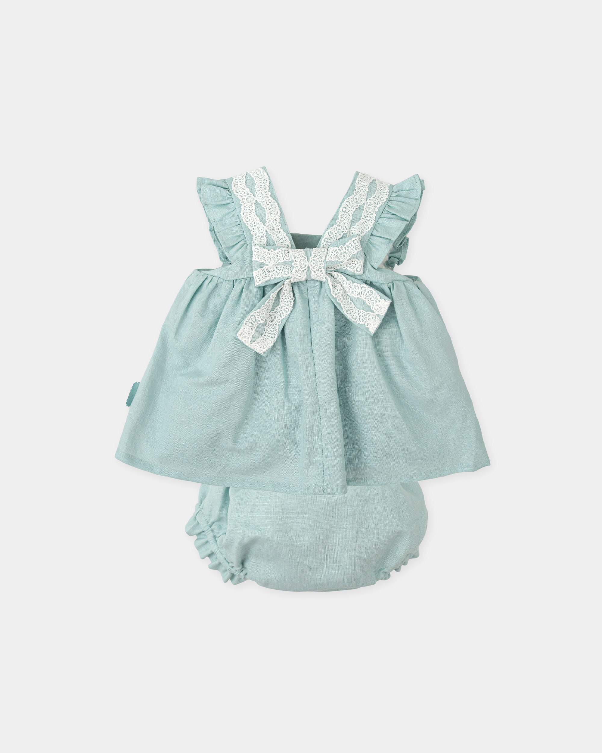 Vestido para Bebé em Linho com Renda e Cueca em Conjunto Tutto Piccolo Verde Água-2