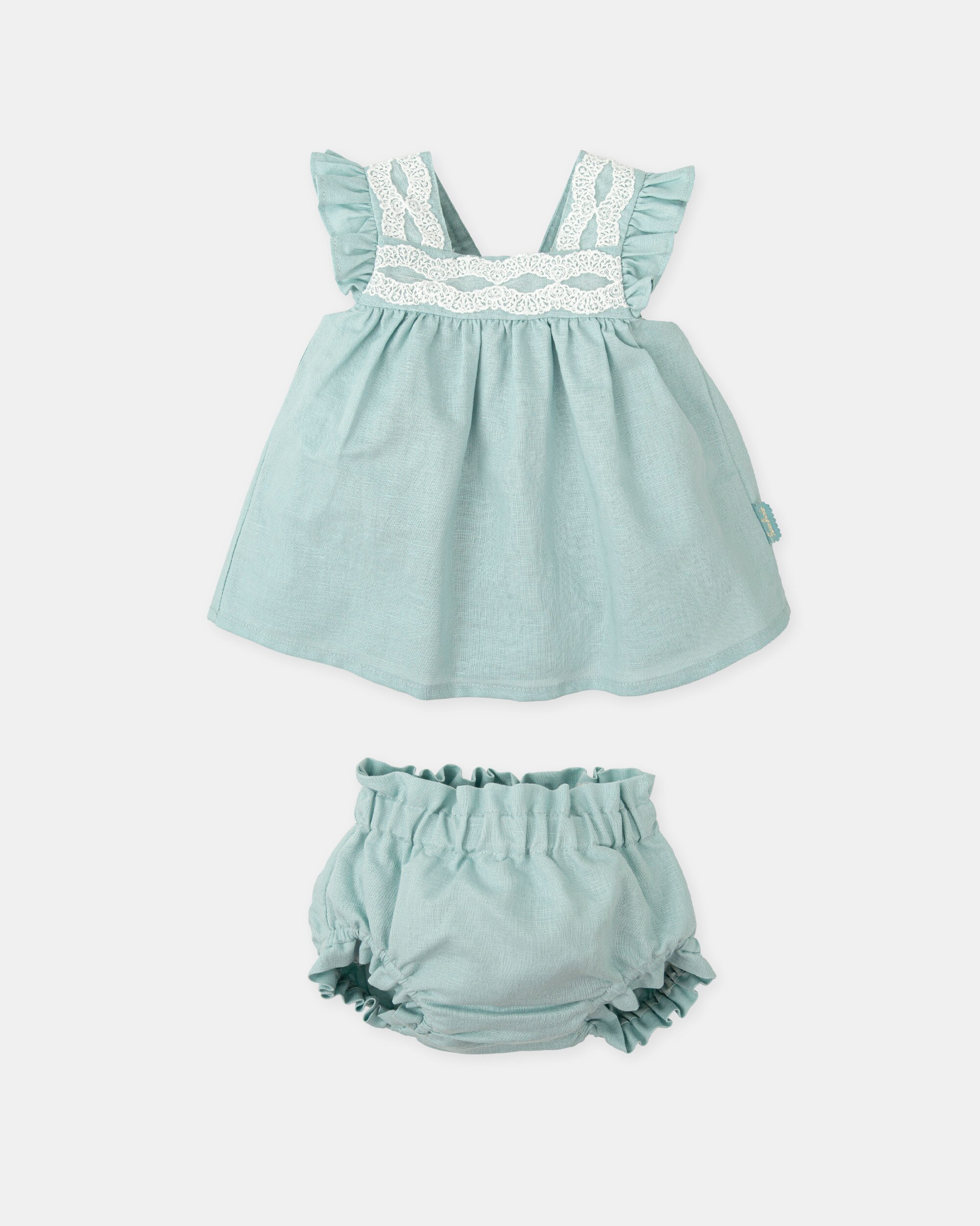 Vestido para Bebé em Linho com Renda e Cueca em Conjunto Tutto Piccolo Verde Água-3