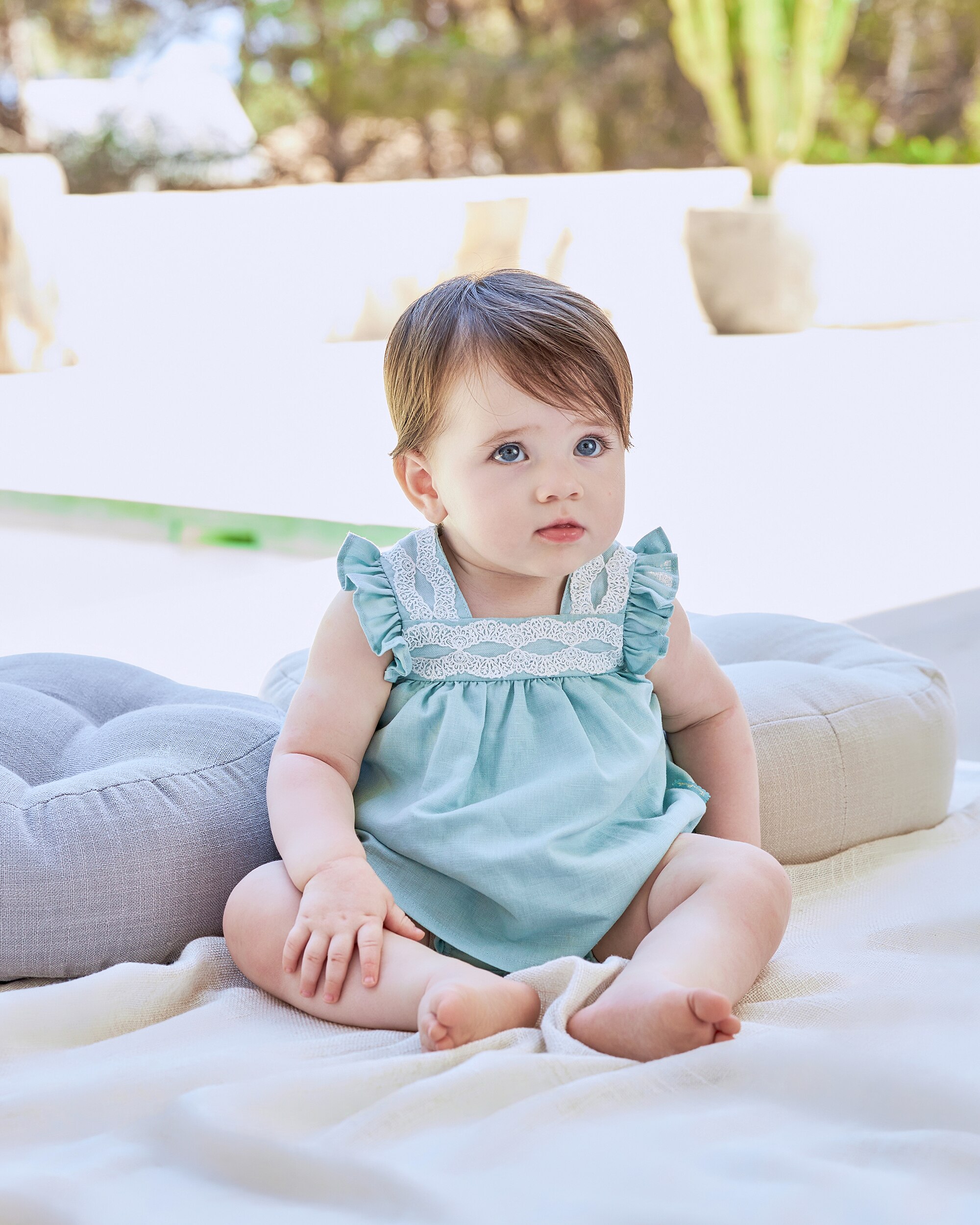 Vestido para Bebé em Linho com Renda e Cueca em Conjunto Tutto Piccolo Verde Água-4