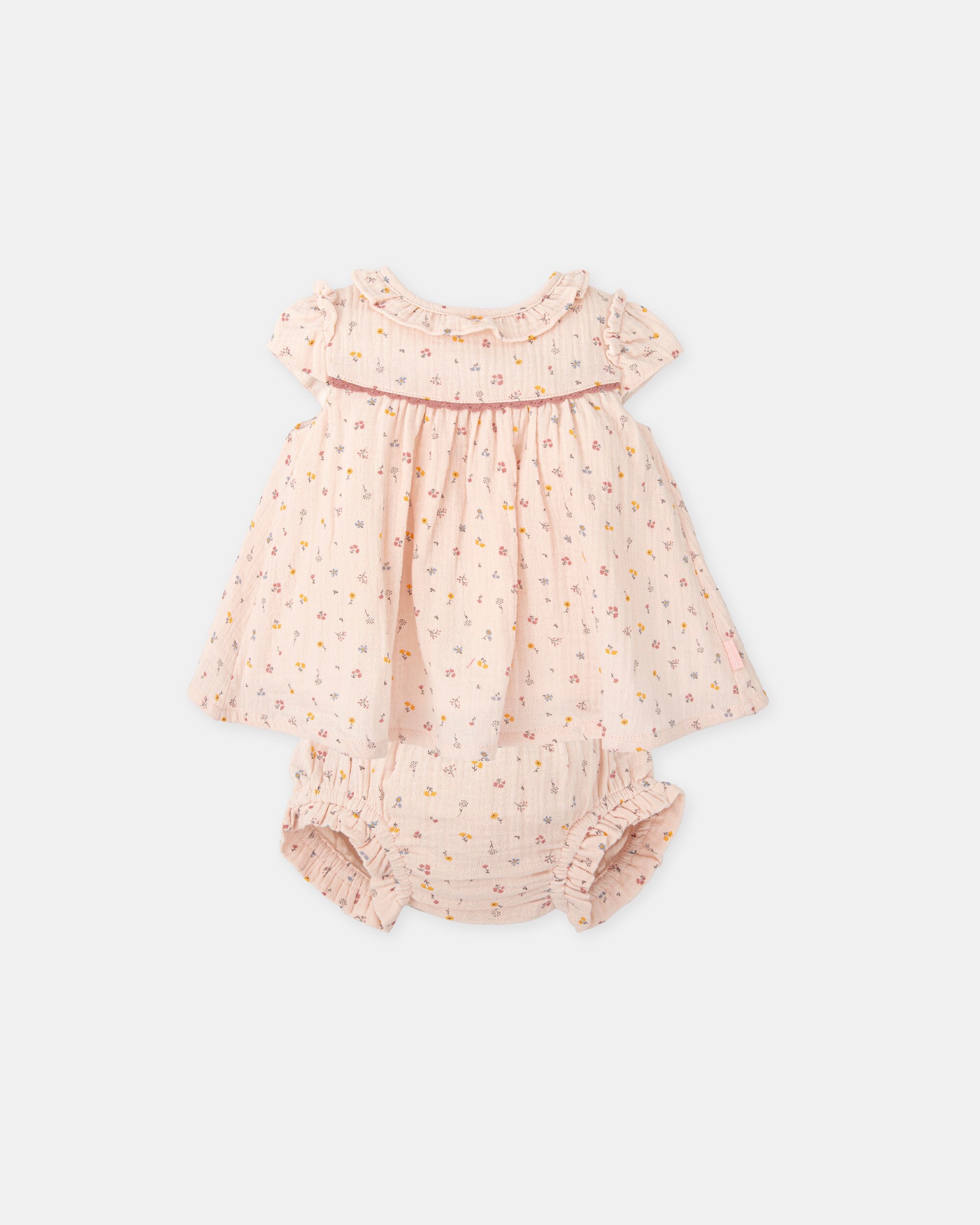 Vestido para Bebé em Gaze com Estampado de Flores e Cueca em Conjunto Tutto Piccolo Rosa-claro-1