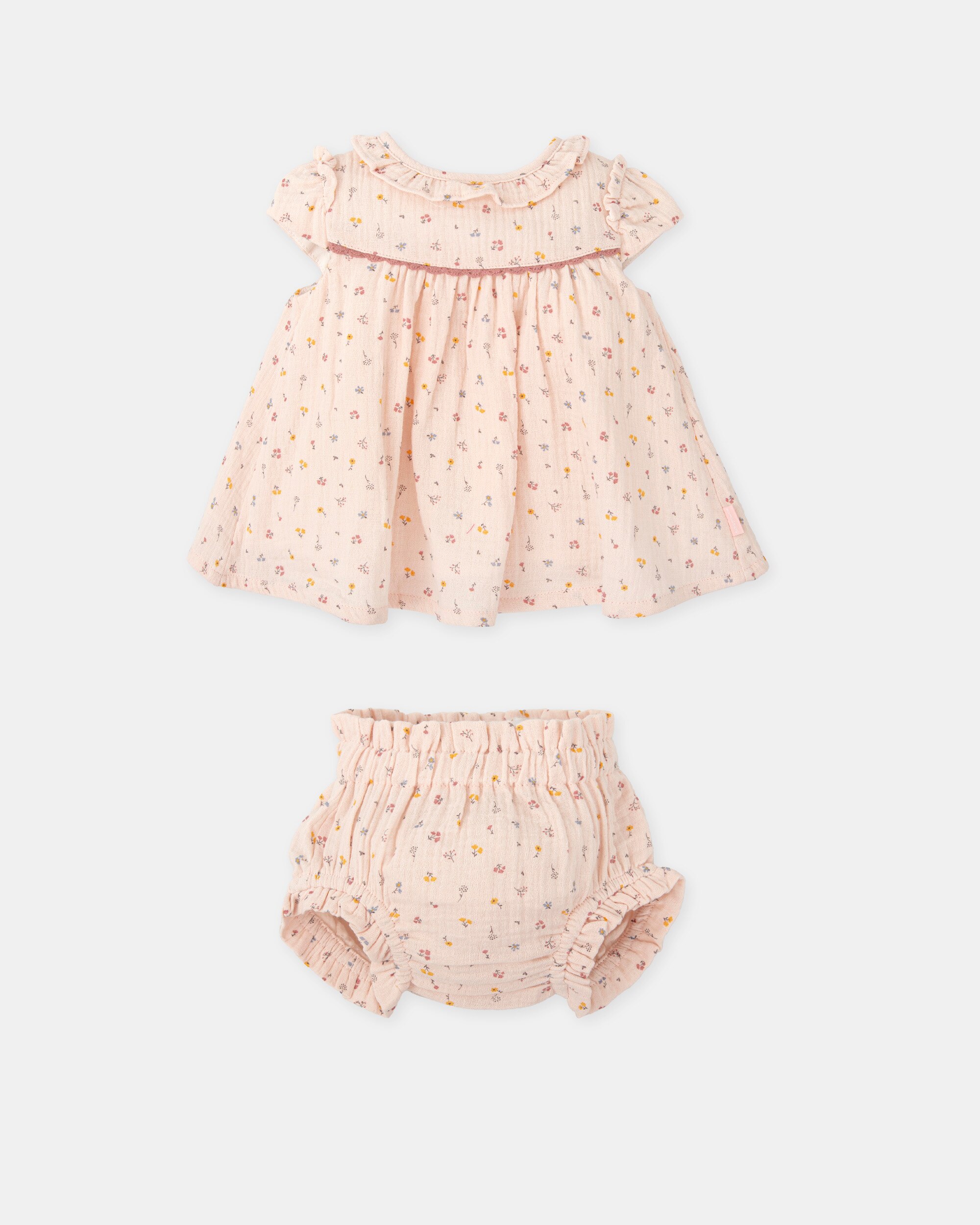 Vestido para Bebé em Gaze com Estampado de Flores e Cueca em Conjunto Tutto Piccolo Rosa-claro-3