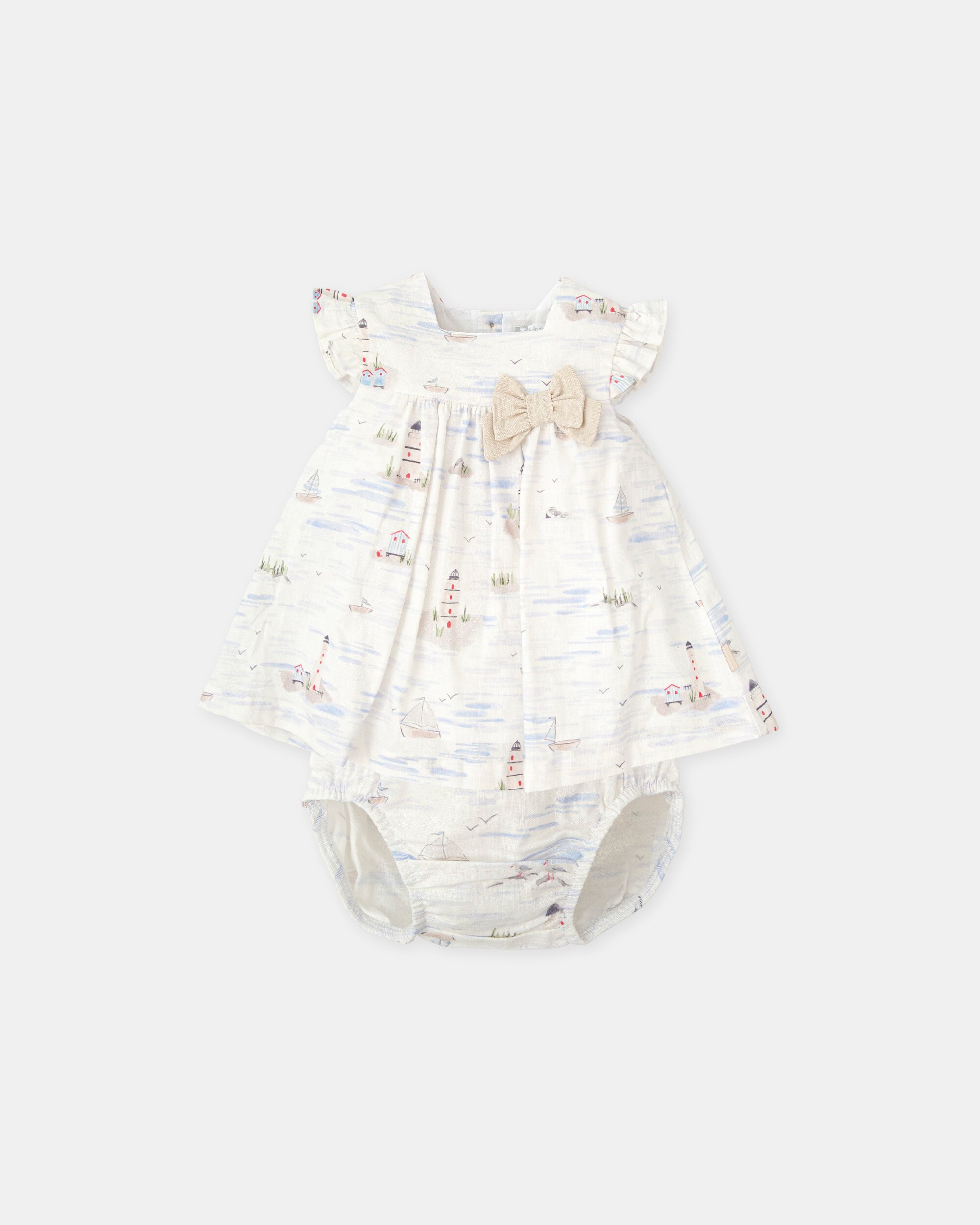Vestido para Bebé com Cueca e Estampado Marinheiro em Areia Tutto Piccolo Bege-1