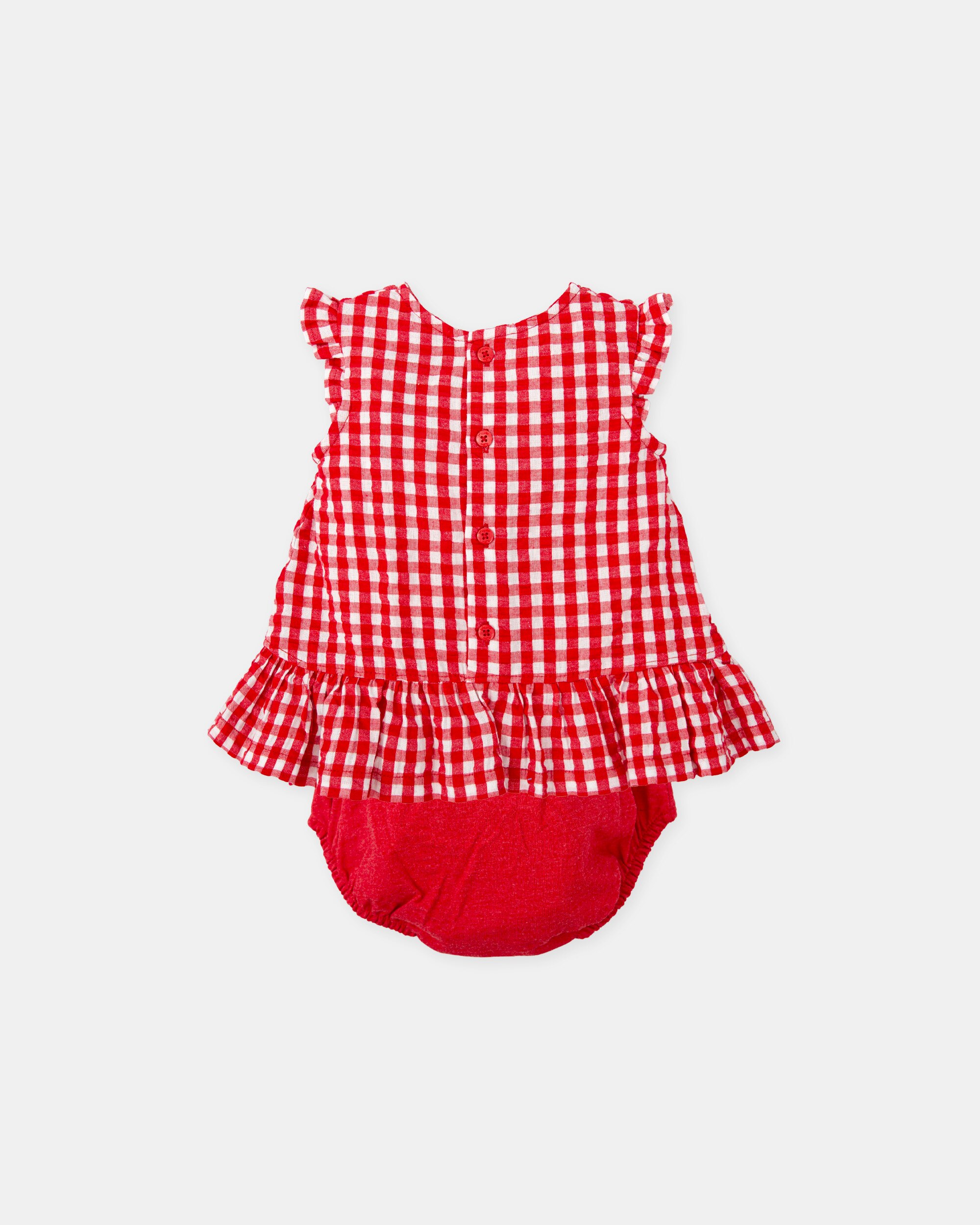 Vestido para Bebé Vichy em Vermelho com Cueca Lisa Tutto Piccolo Vermelho-2