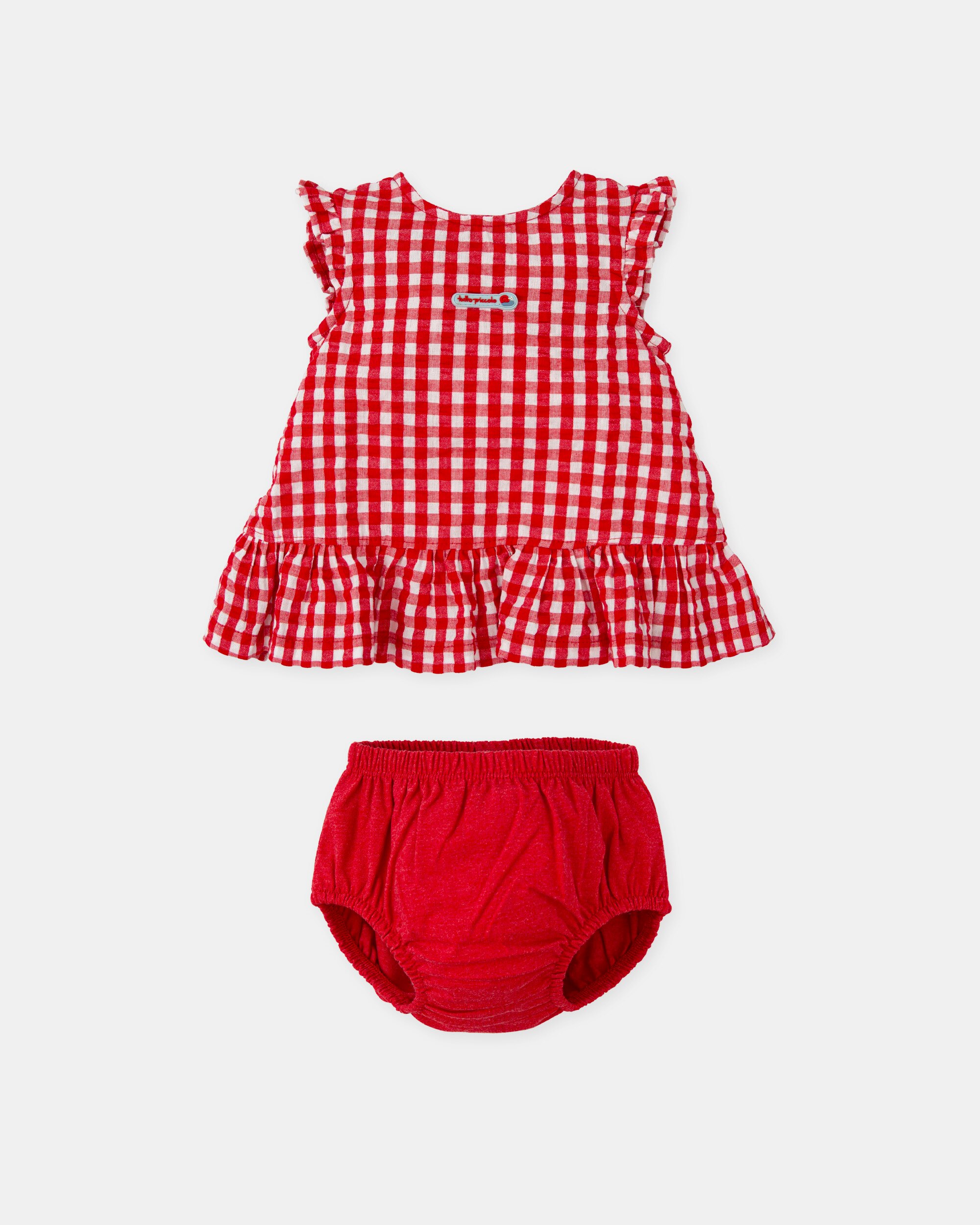 Vestido para Bebé Vichy em Vermelho com Cueca Lisa Tutto Piccolo Vermelho-3
