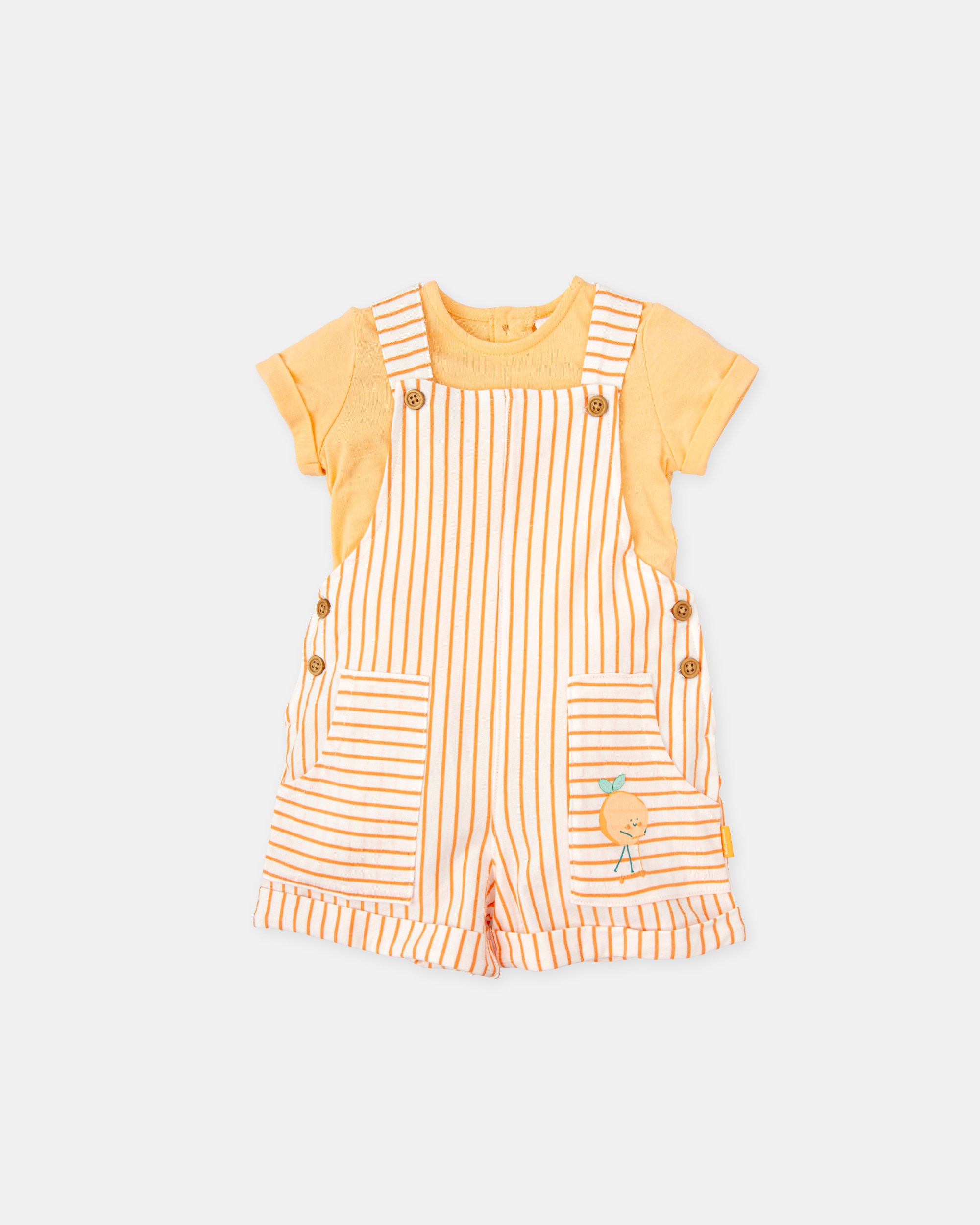 Conjunto para Bebé de T-shirt Lisa e Jardineiras Curtas Às Riscas em Laranja Tutto Piccolo Laranja-1