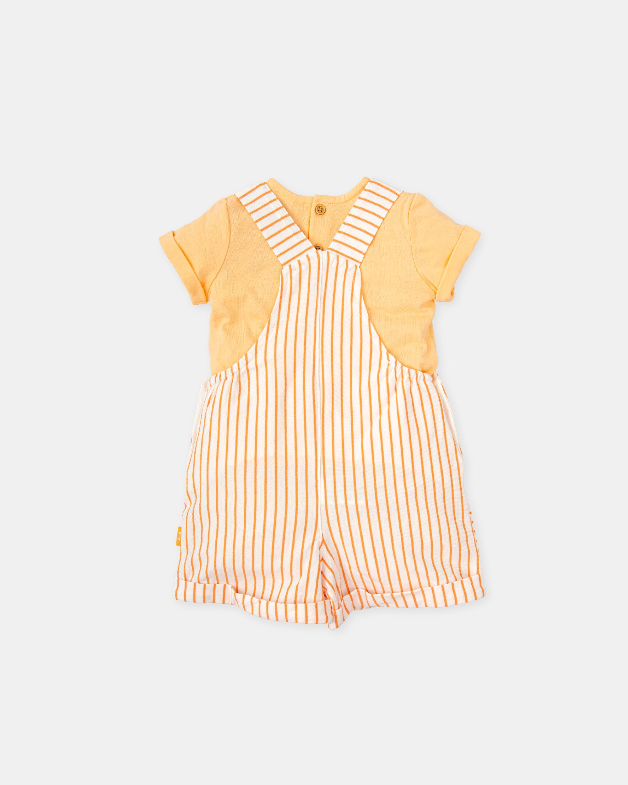Conjunto para Bebé de T-shirt Lisa e Jardineiras Curtas Às Riscas em Laranja Tutto Piccolo Laranja-2
