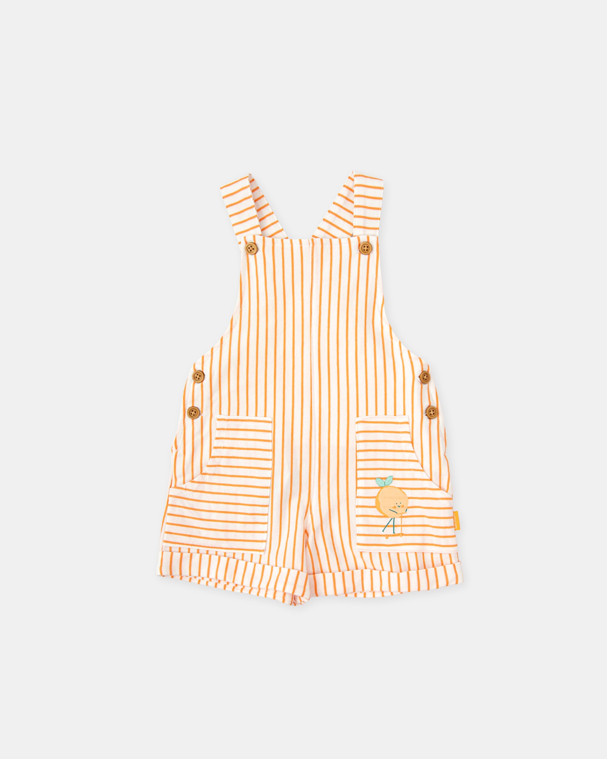 Conjunto para Bebé de T-shirt Lisa e Jardineiras Curtas Às Riscas em Laranja Tutto Piccolo Laranja-3
