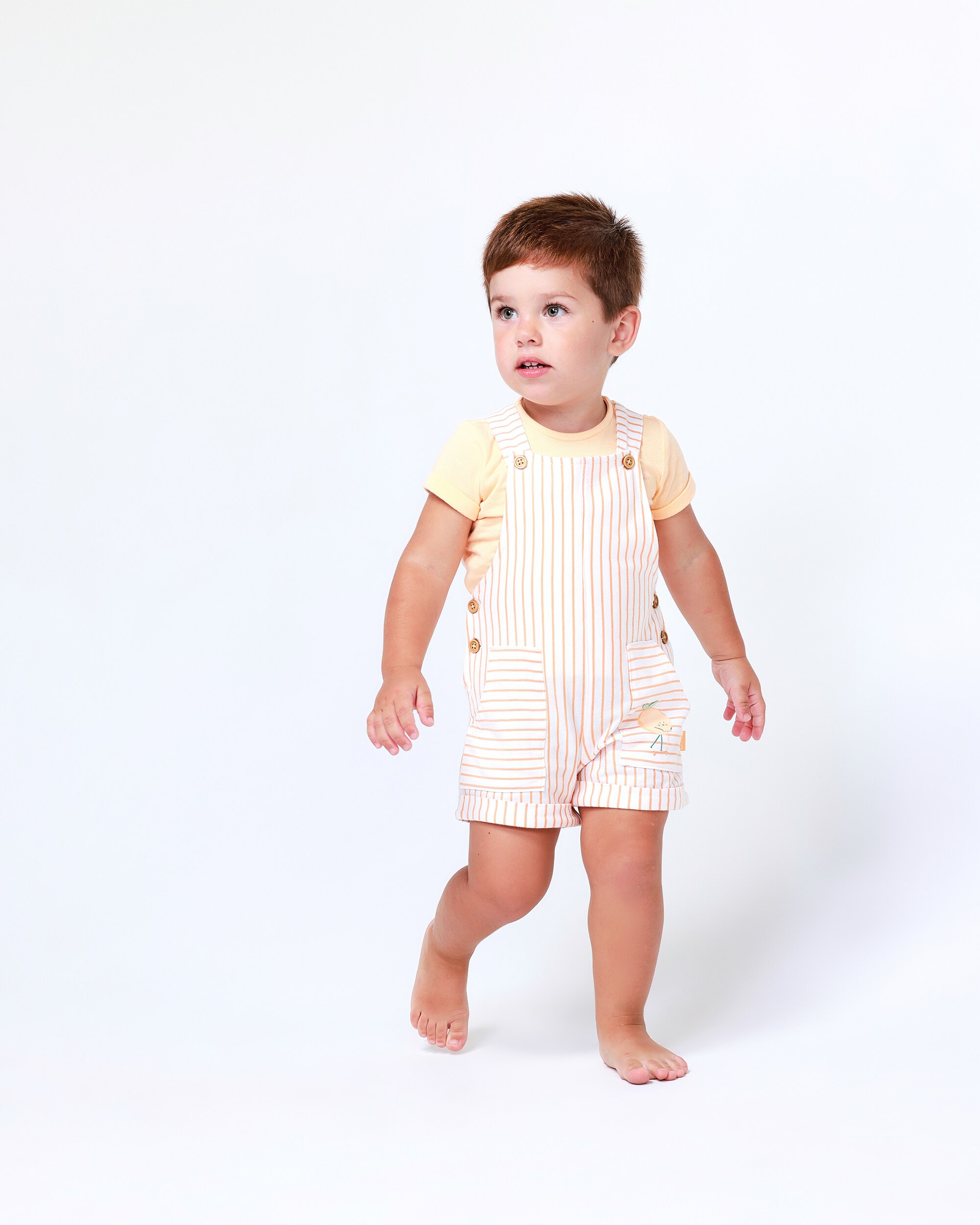 Conjunto para Bebé de T-shirt Lisa e Jardineiras Curtas Às Riscas em Laranja Tutto Piccolo Laranja-4