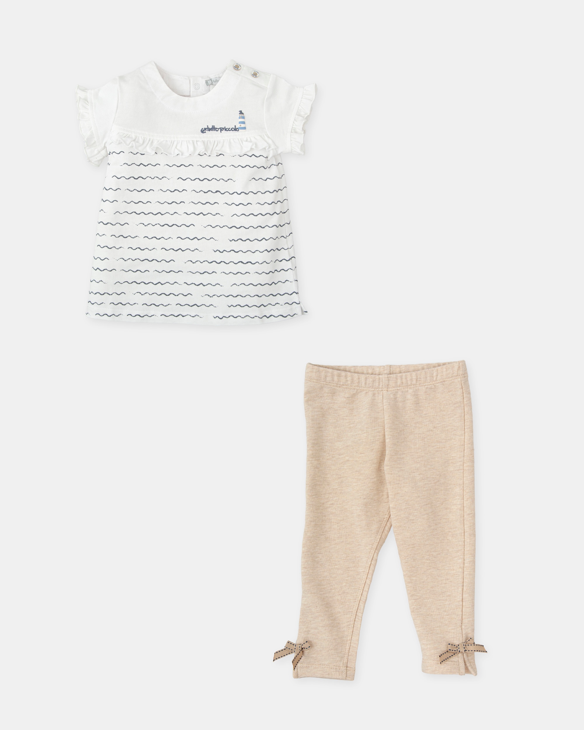 Conjunto para Bebé de T-shirt Marinheira e Leggings Liso em Areia Branco-3