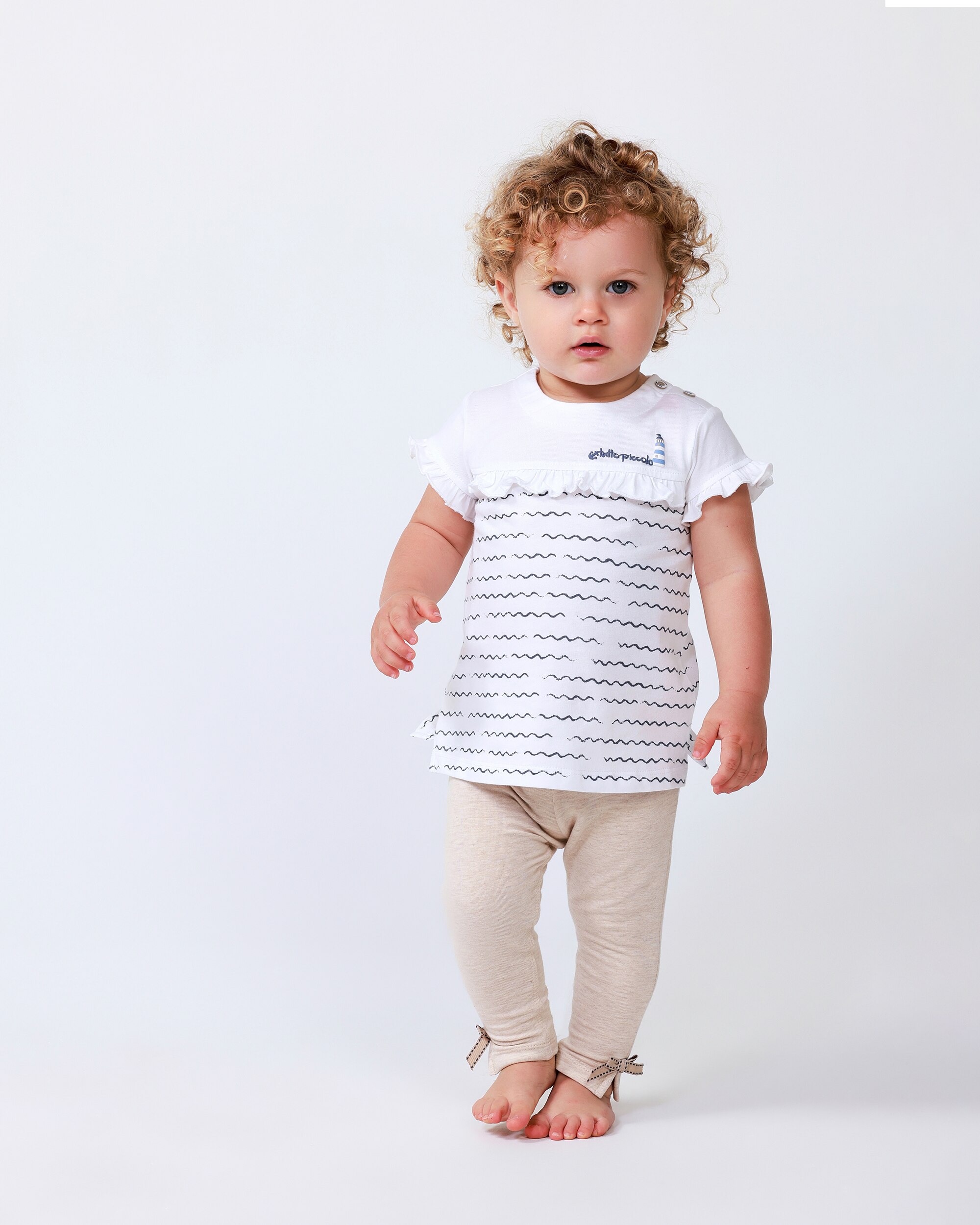 Conjunto para Bebé de T-shirt Marinheira e Leggings Liso em Areia Branco-4