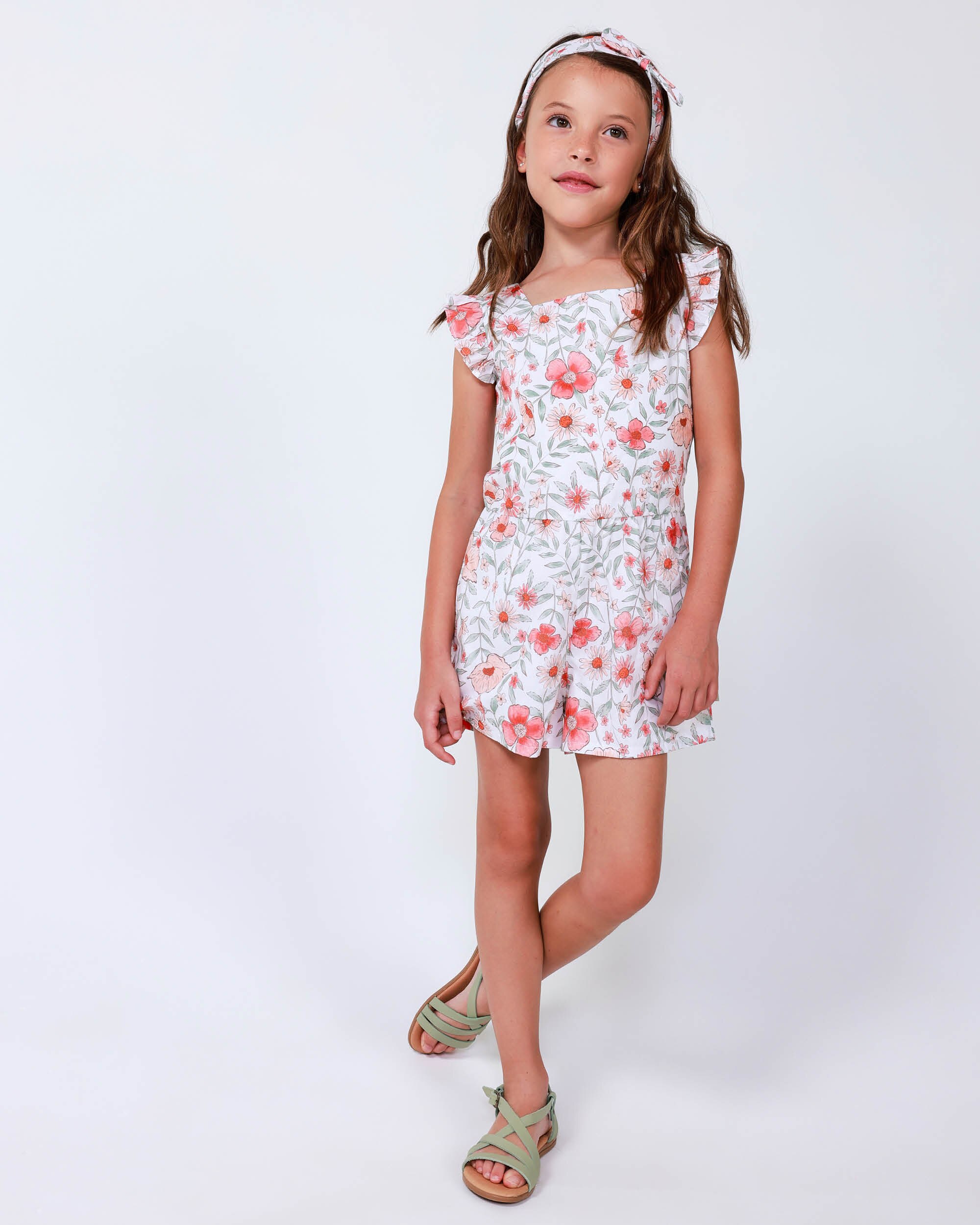 Macacão para Bebé Curto em Voile com Estampado Floral Multicolor-4
