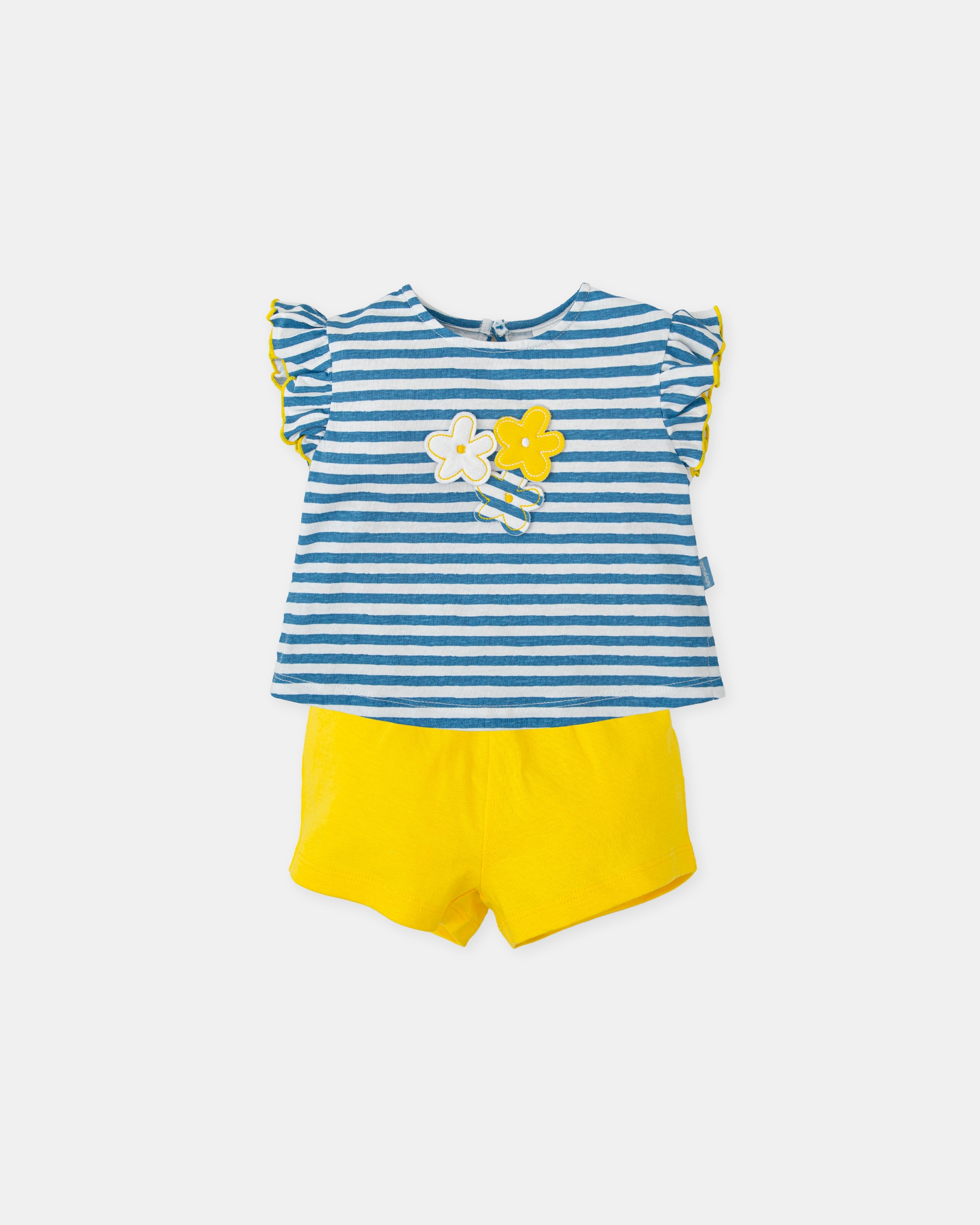 Conjunto para Bebé de T-shirt Às Riscas em Azul Atlântico e Calções em Amarelo Tutto Piccolo Azul-1