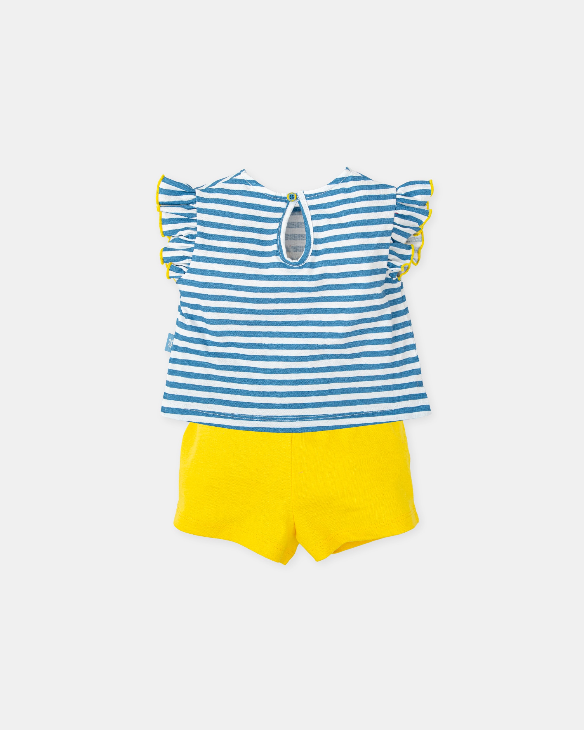 Conjunto para Bebé de T-shirt Às Riscas em Azul Atlântico e Calções em Amarelo Tutto Piccolo Azul-2