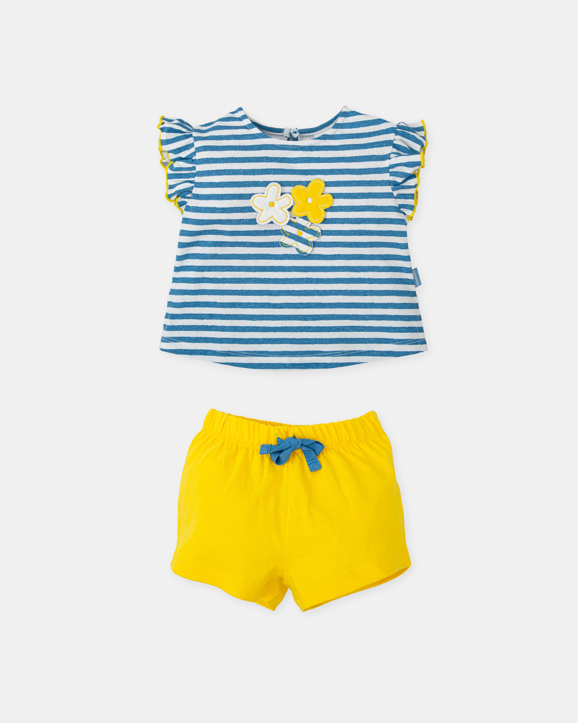 Conjunto para Bebé de T-shirt Às Riscas em Azul Atlântico e Calções em Amarelo Tutto Piccolo Azul-3