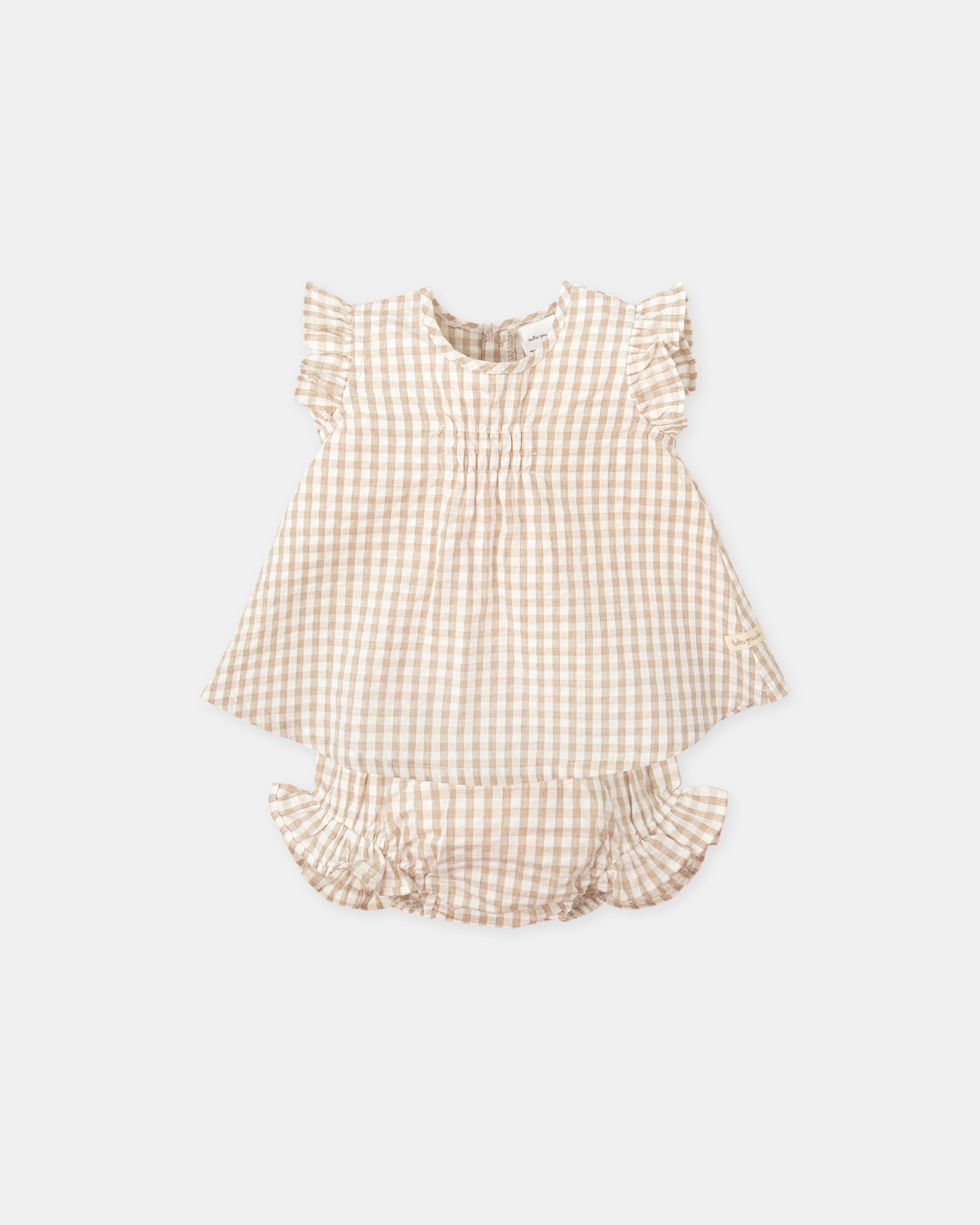 Vestido para Bebé com Cueca Vichy em Areia Bege-1