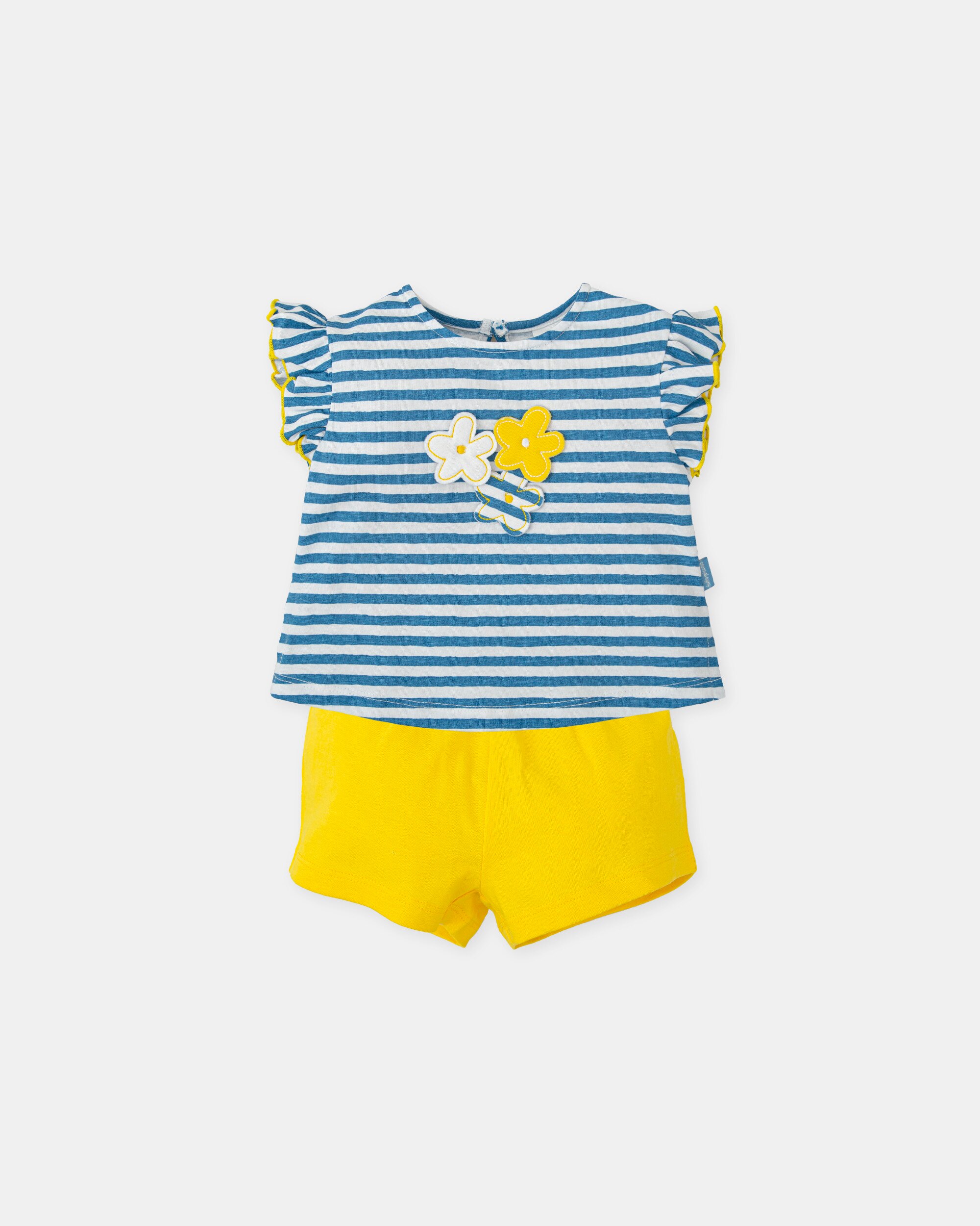 Conjunto Infantil de T-shirt Às Riscas em Azul Atlântico e Shorts em Amarelo Tutto Piccolo Azul-marinho / Amarelo-1