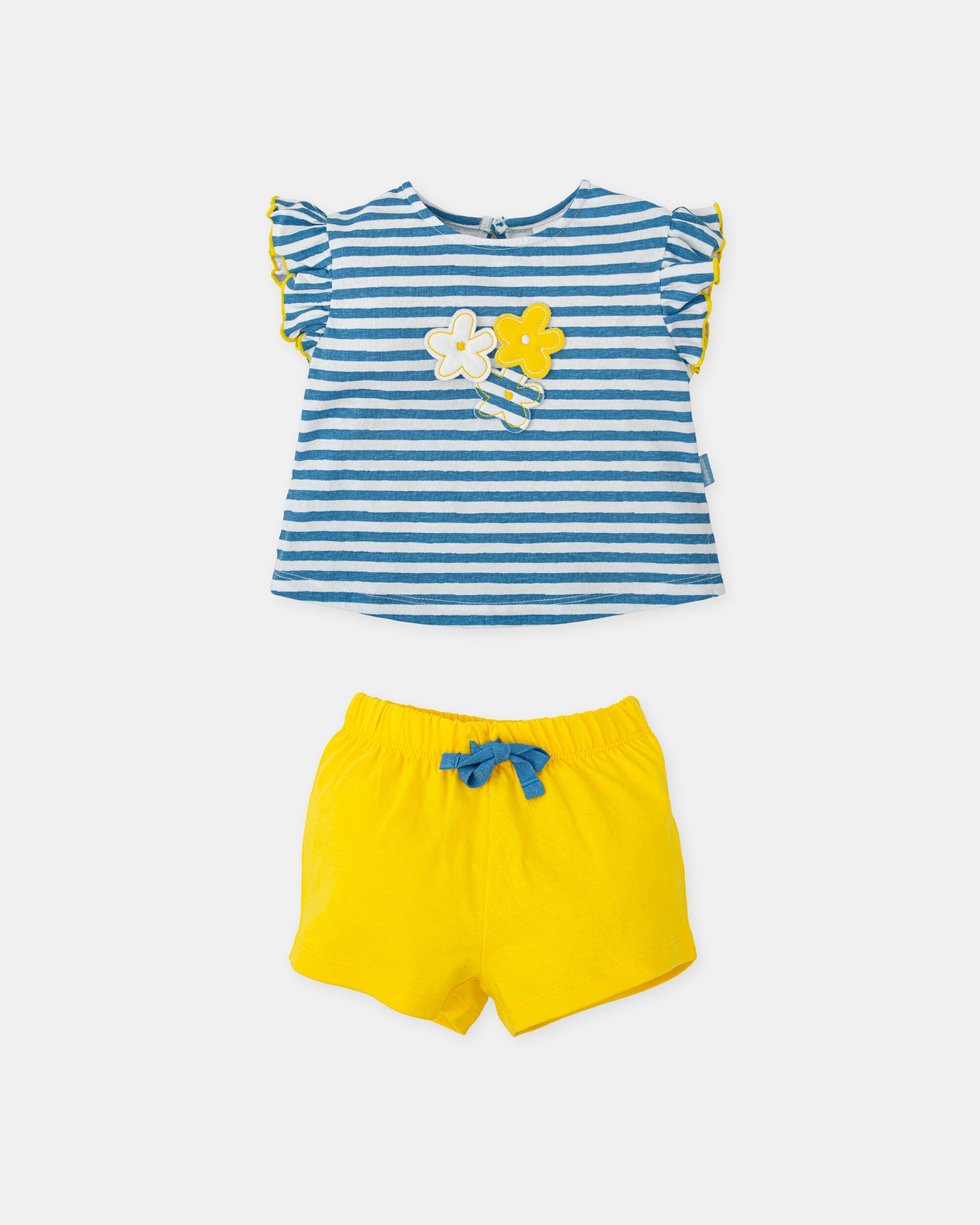 Conjunto Infantil de T-shirt Às Riscas em Azul Atlântico e Shorts em Amarelo Tutto Piccolo Azul-marinho / Amarelo-3
