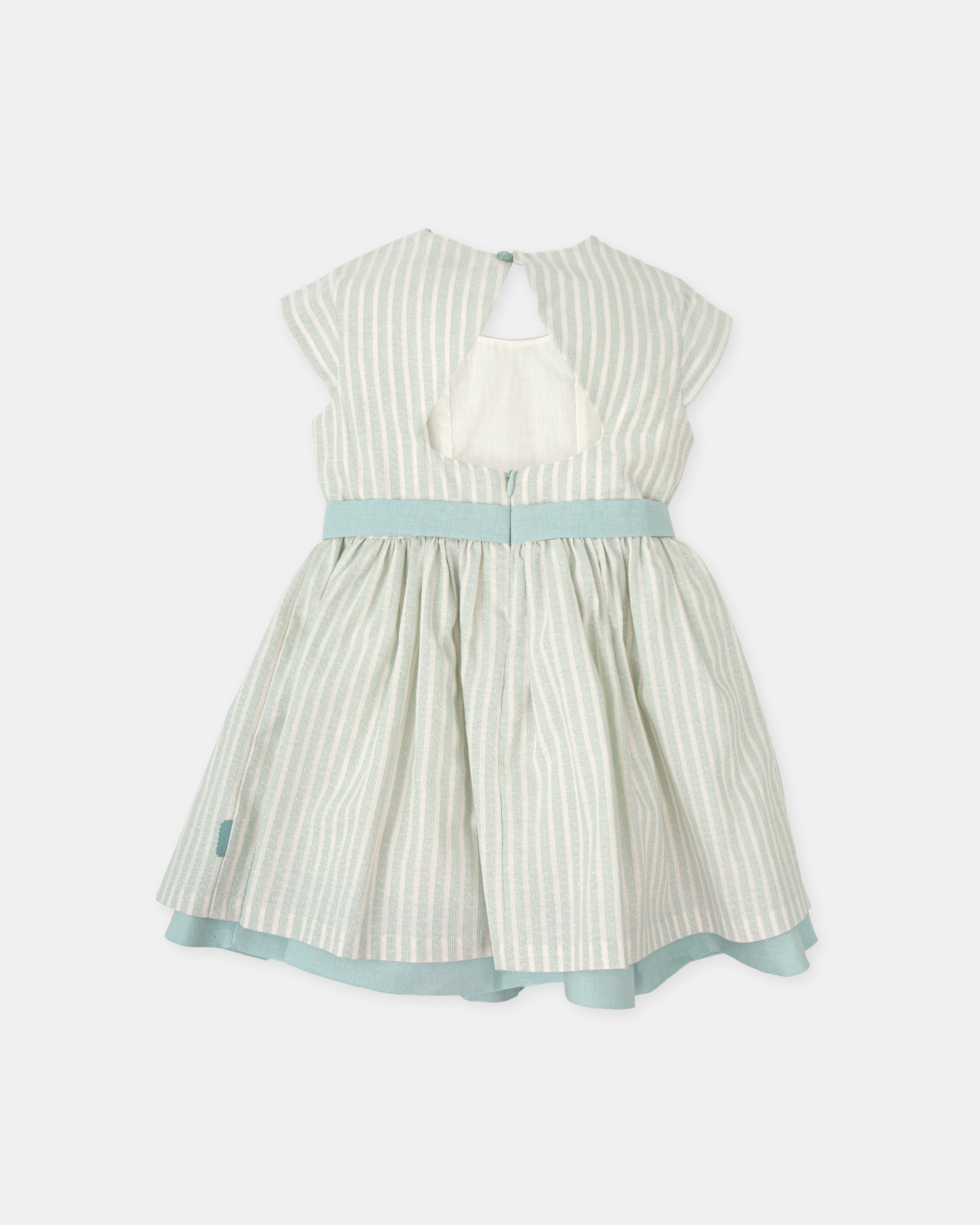Vestido Infantil de Manga Curta Às Riscas com Abertura nas Costas Tutto Piccolo Verde Água-2