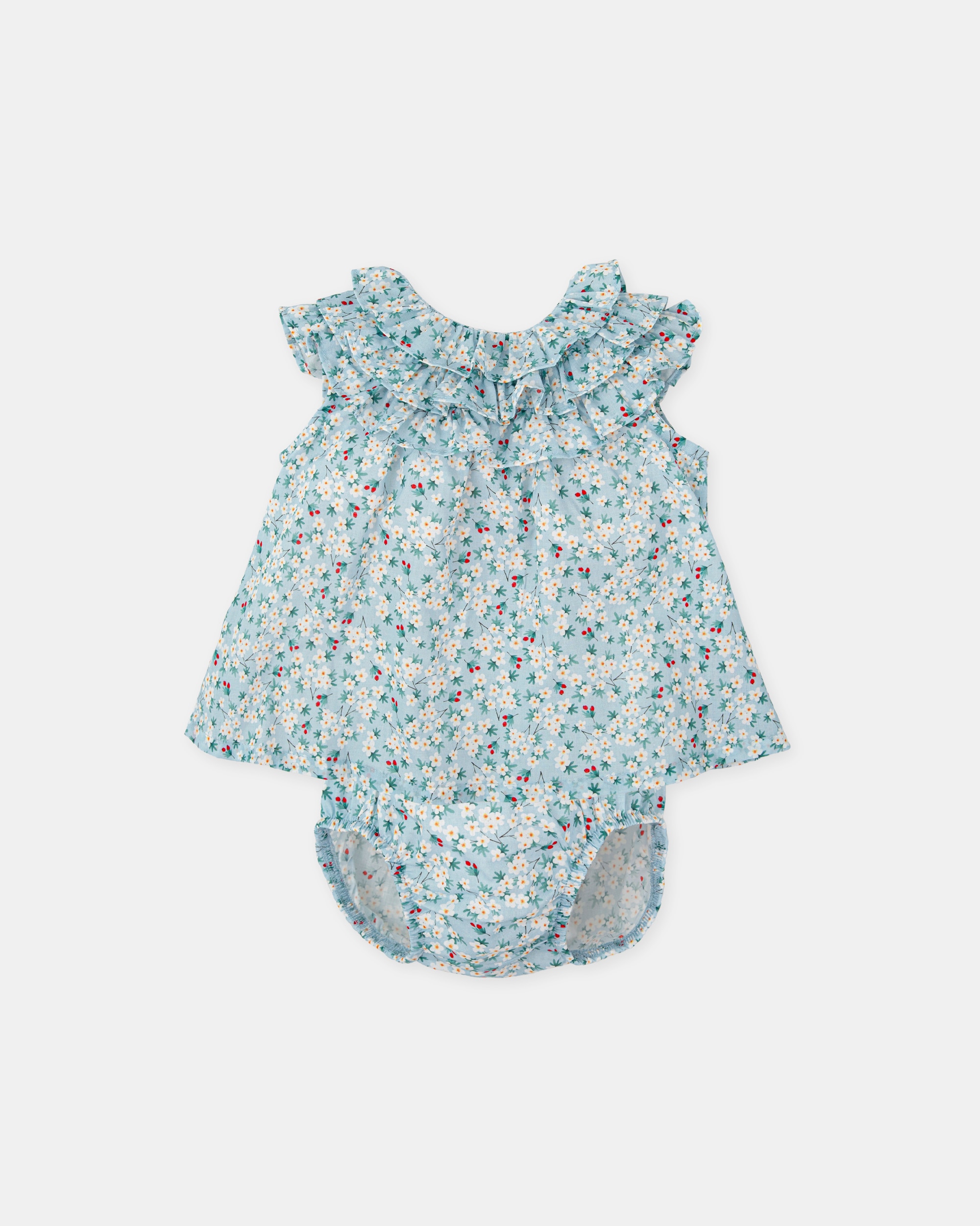 Vestido para Bebé em Voile com Flores e Cueca em Conjunto em Água-marinha Água-marinha-1