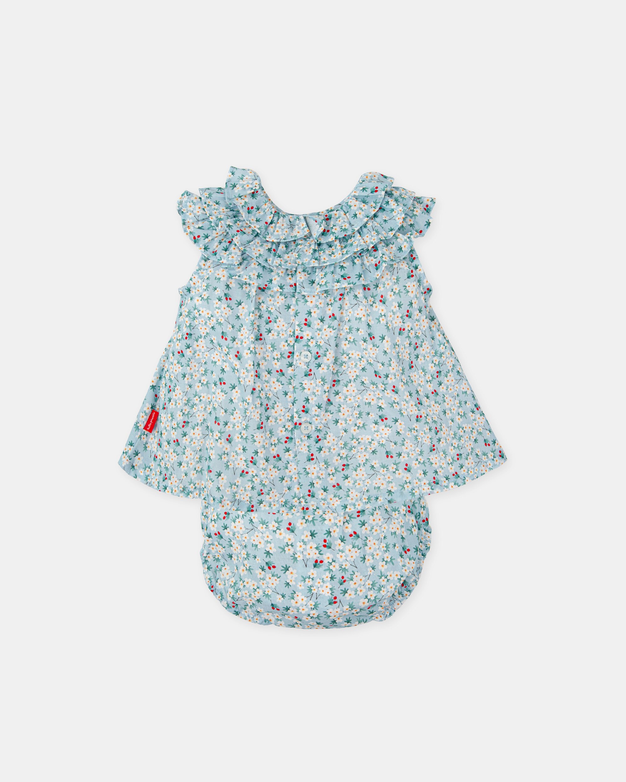 Vestido para Bebé em Voile com Flores e Cueca em Conjunto em Água-marinha Água-marinha-2