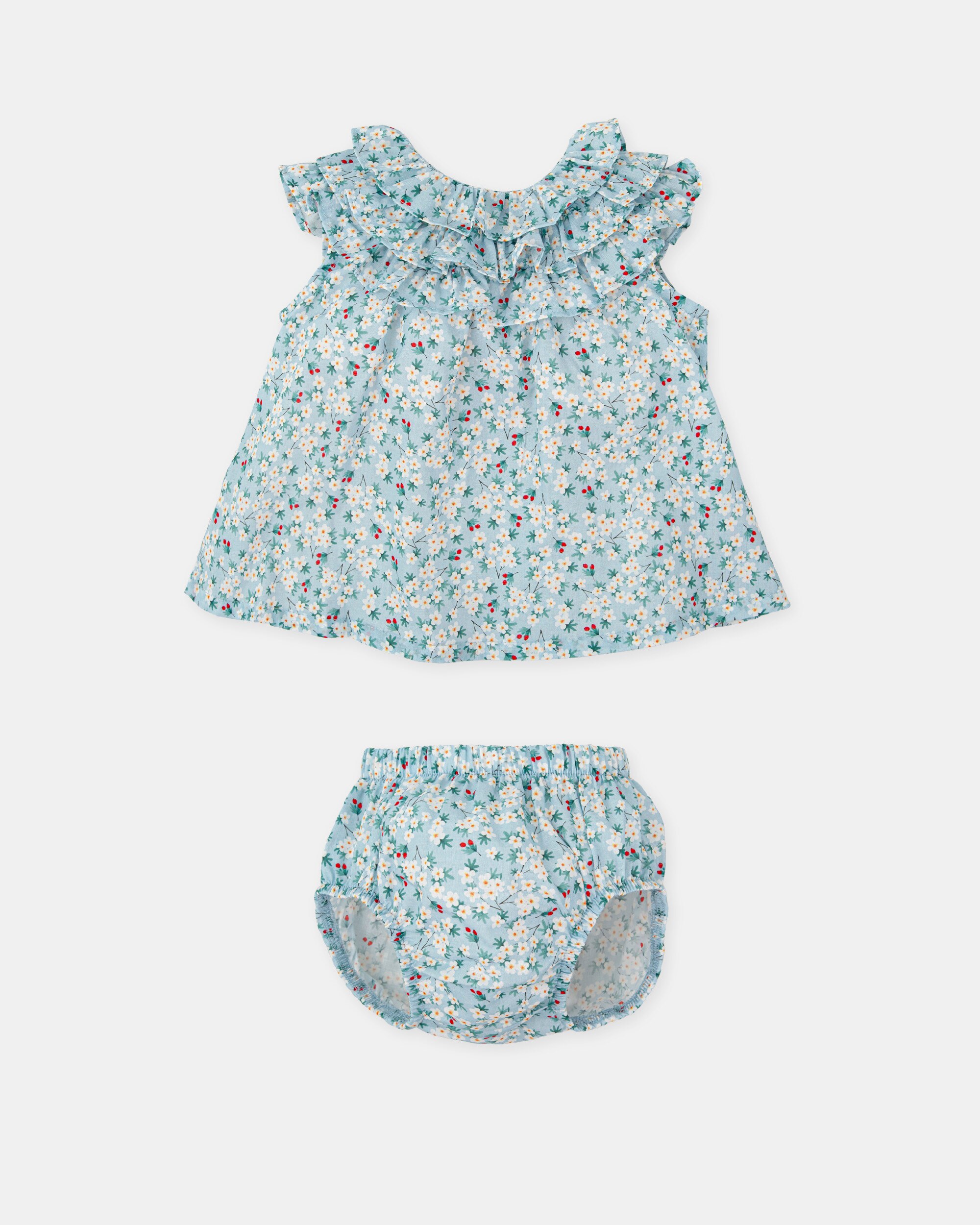 Vestido para Bebé em Voile com Flores e Cueca em Conjunto em Água-marinha Água-marinha-3