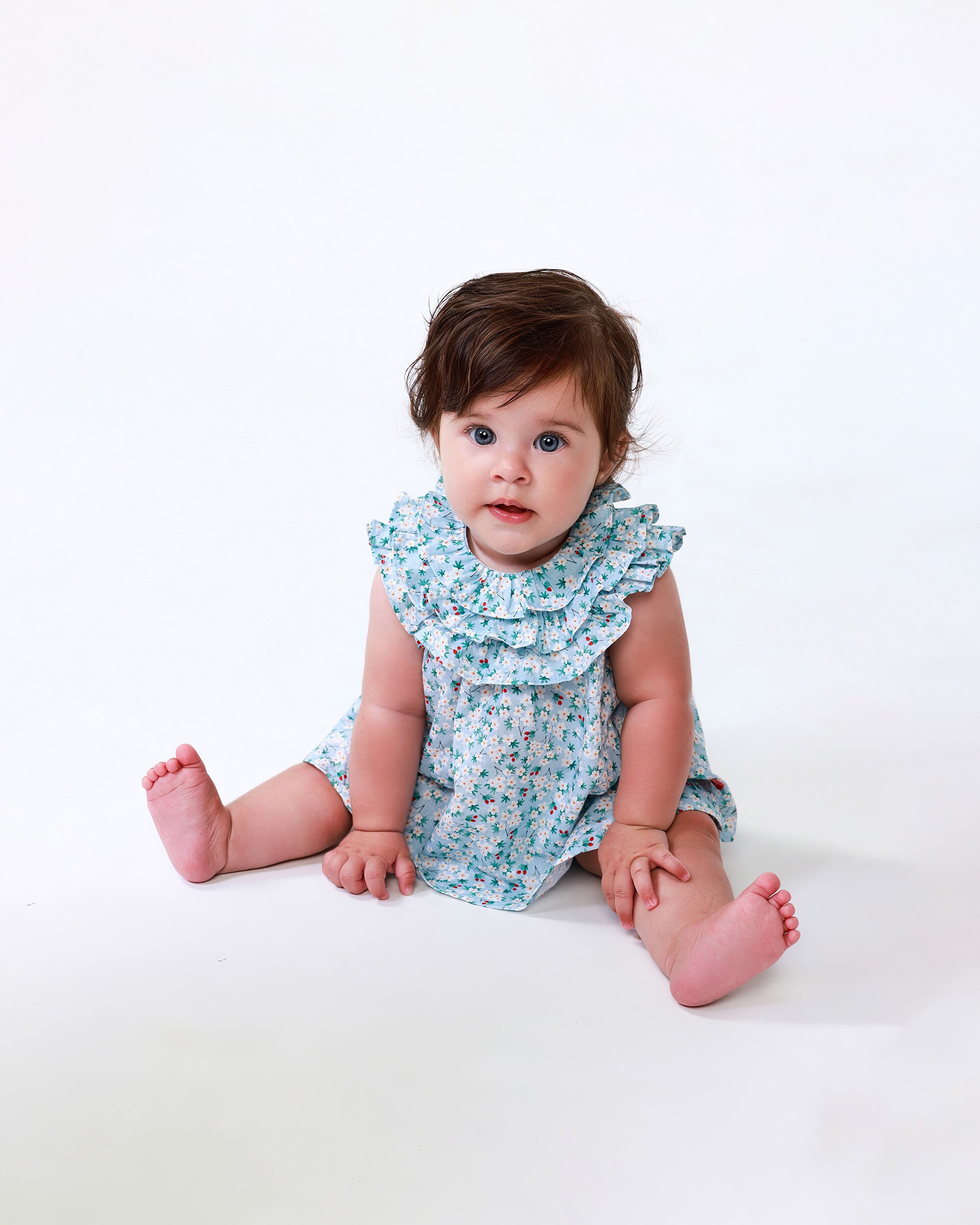 Vestido para Bebé em Voile com Flores e Cueca em Conjunto em Água-marinha Água-marinha-4