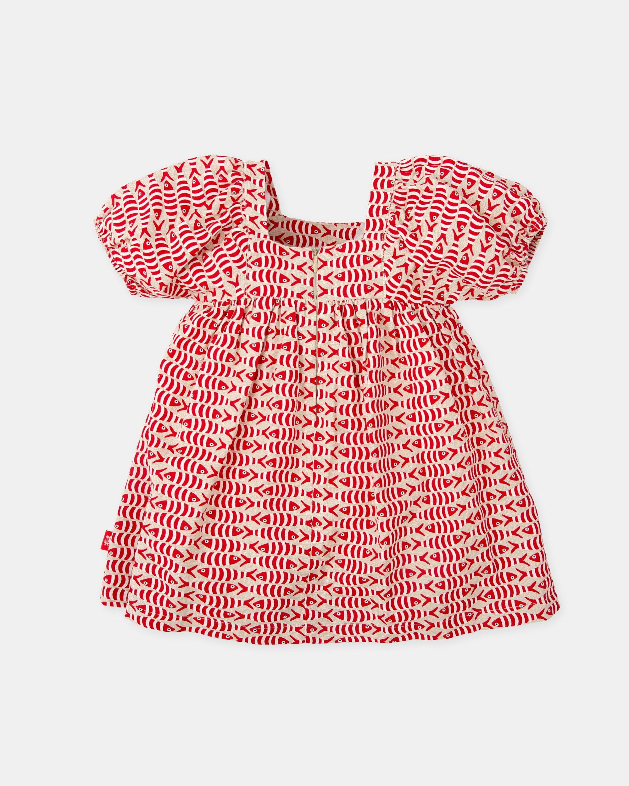 Vestido Infantil de Manga Curta com Estampado de Peixes Vermelho / Branco-2