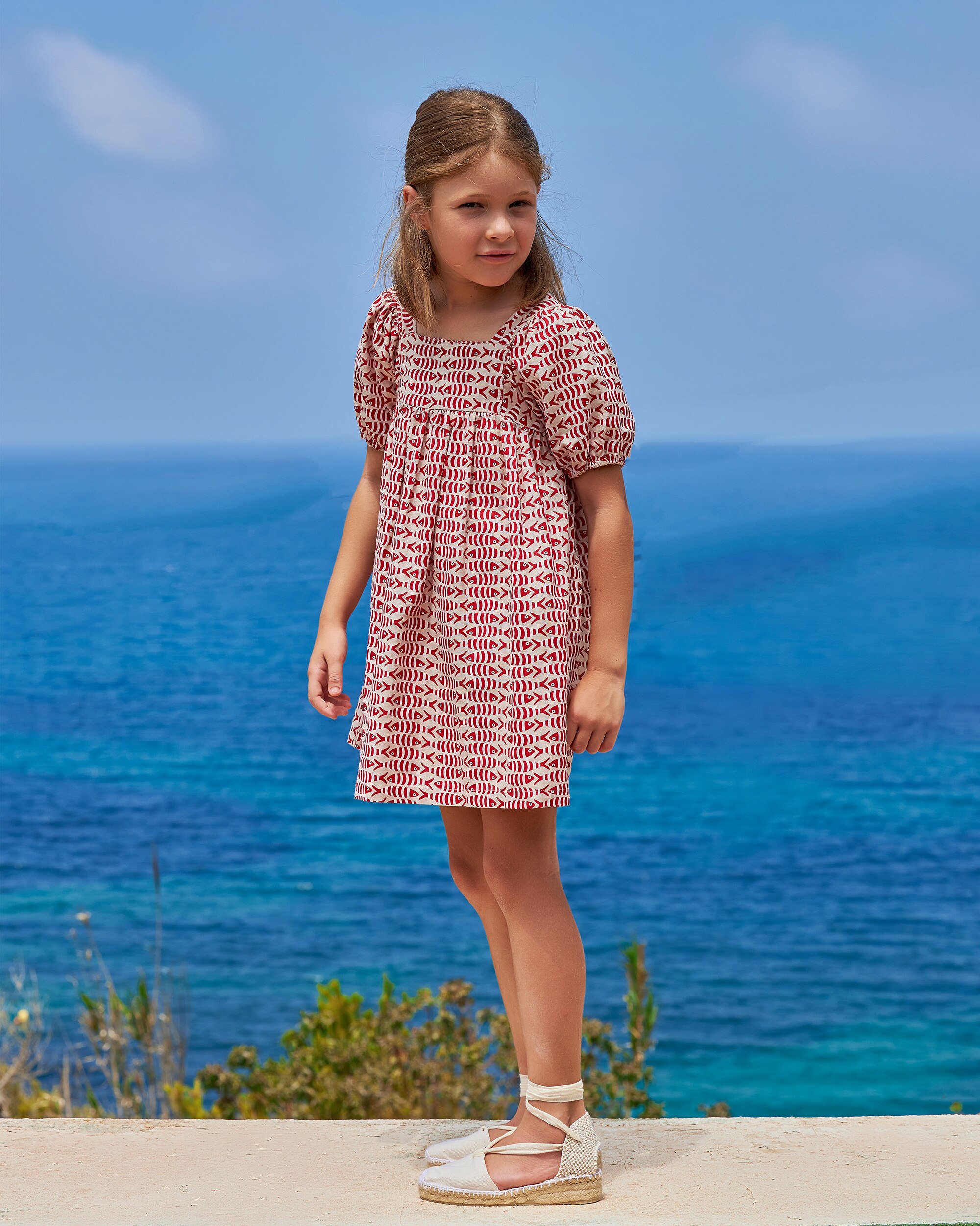 Vestido Infantil de Manga Curta com Estampado de Peixes Vermelho / Branco-3