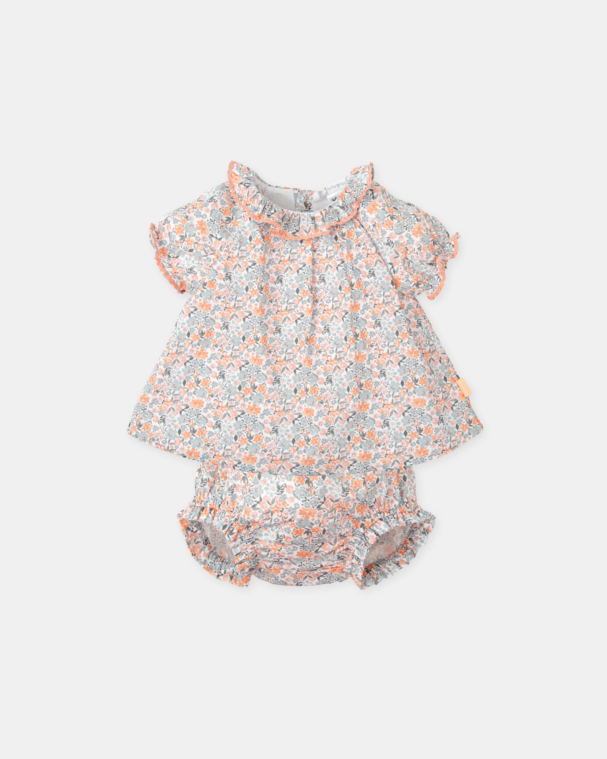 Vestido para Bebé em Cetim com Estampado de Flores e Cueca em Conjunto Tutto Piccolo Salmão-1