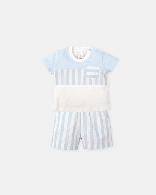 Imagem 0 de Conjunto Infantil 2 Peças de T-shit e Calças Curtas às Riscas Azul Céu