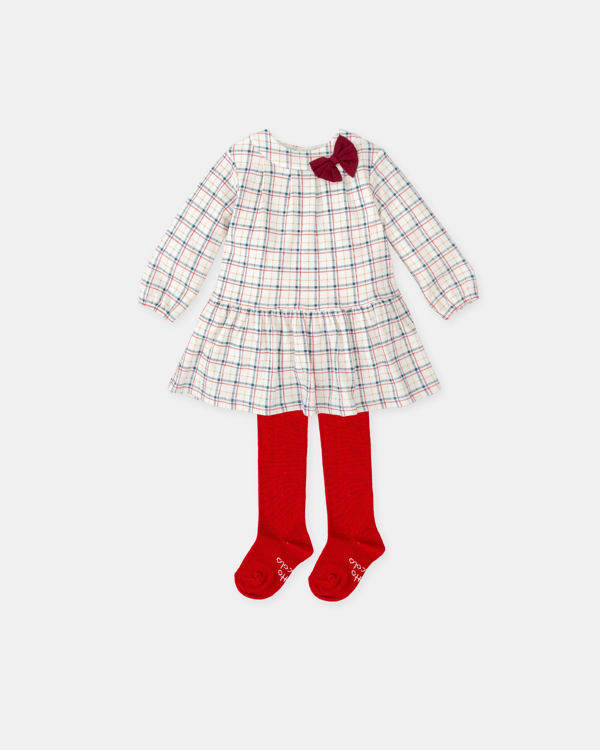 Conjunto para Bebé de Vestido aos Quadrados e Collants Tutto Piccolo Branco-1