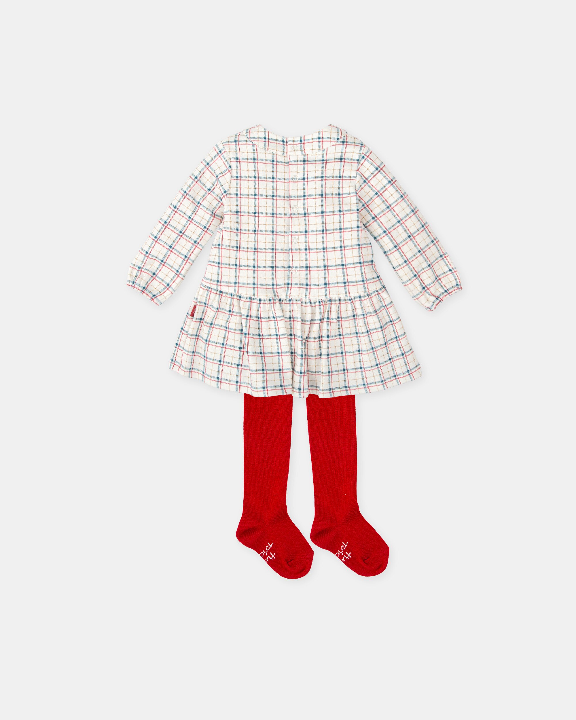 Conjunto para Bebé de Vestido aos Quadrados e Collants Tutto Piccolo Branco-2
