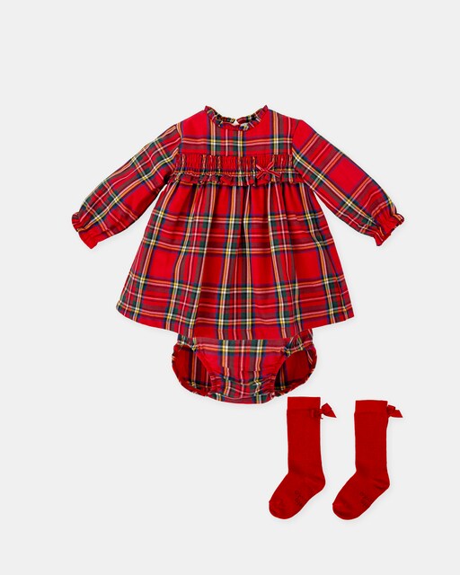 Imagem 0 de Conjunto para Bebé de Vestido com Cueca aos Quadrados em Vermelho e Meias
