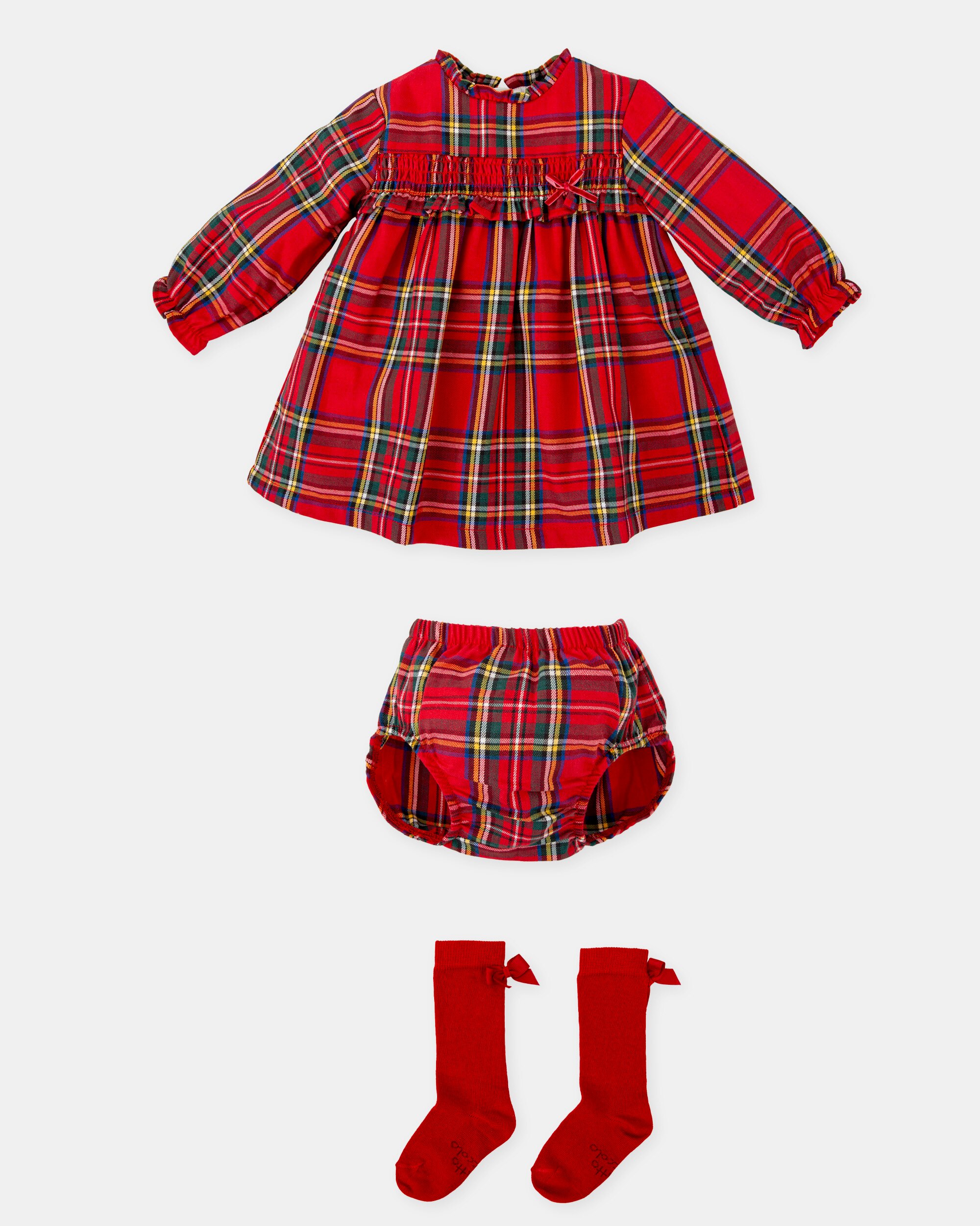 Conjunto para Bebé de Vestido com Cueca aos Quadrados em Vermelho e Meias Tutto Piccolo Vermelho-4