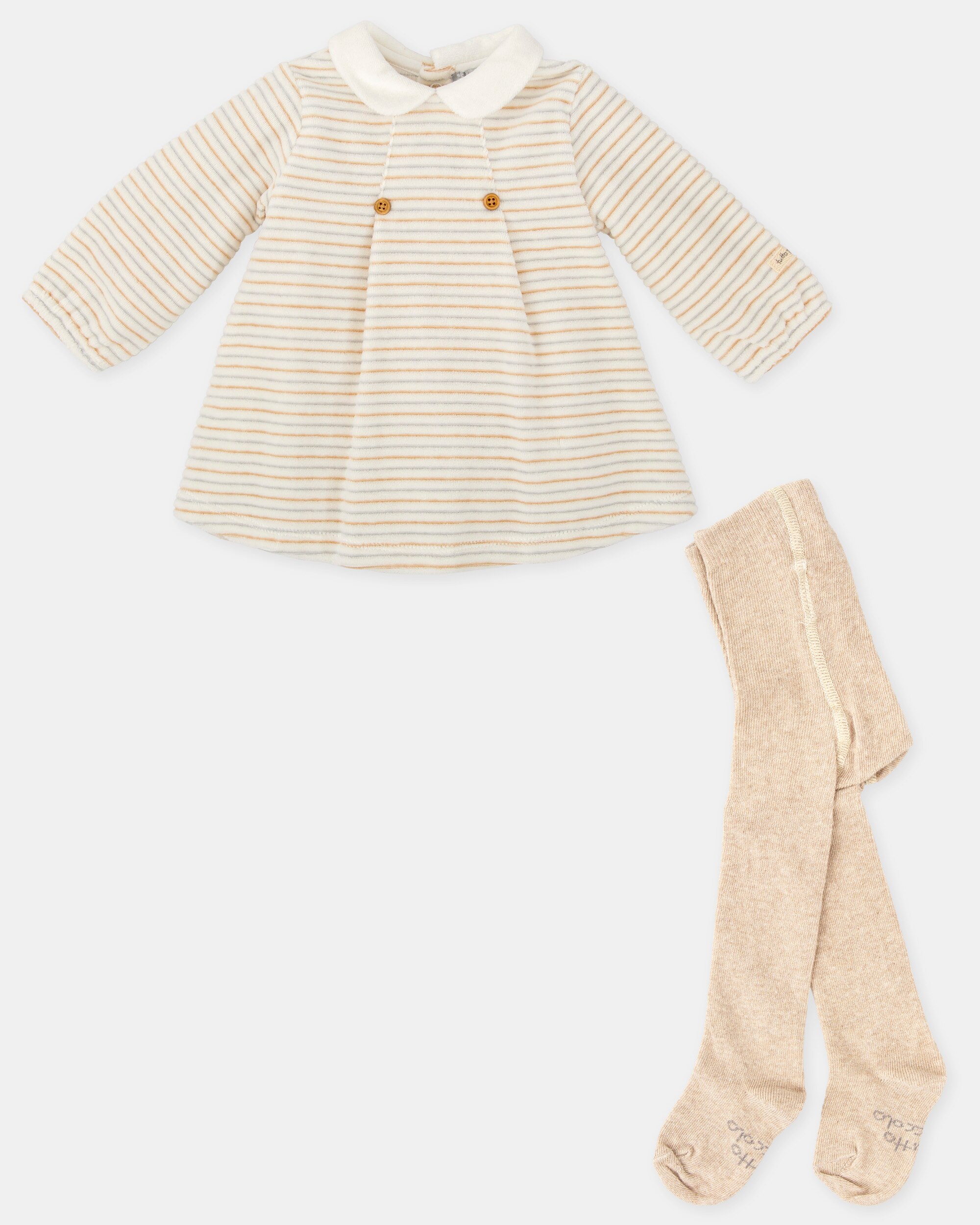 Conjunto para Bebé de Vestido Tundosado em Branco e Collants Tutto Piccolo Cru-4