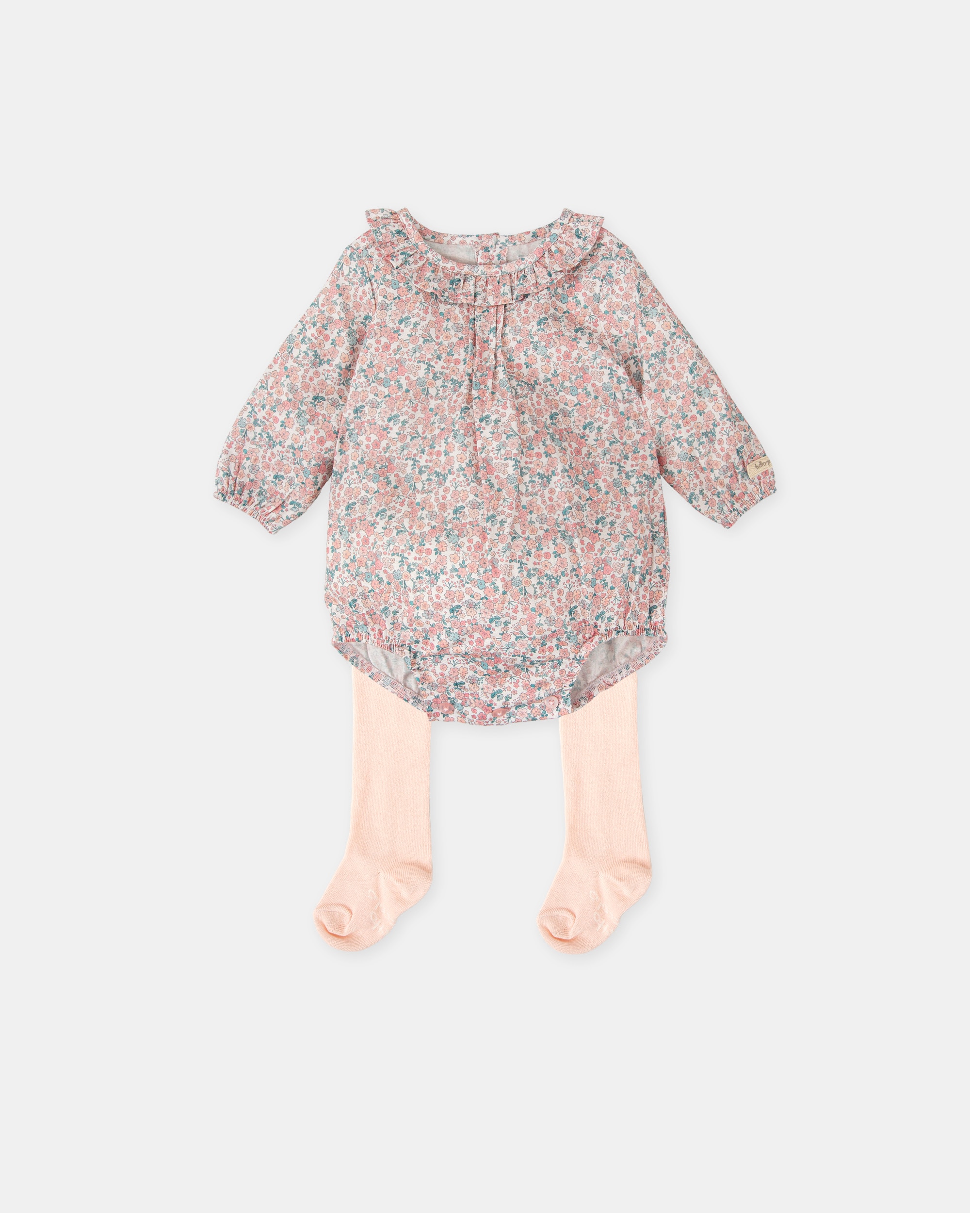 Conjunto para Bebé de Macacão Curto Flores com Collants Tutto Piccolo Rosa-1