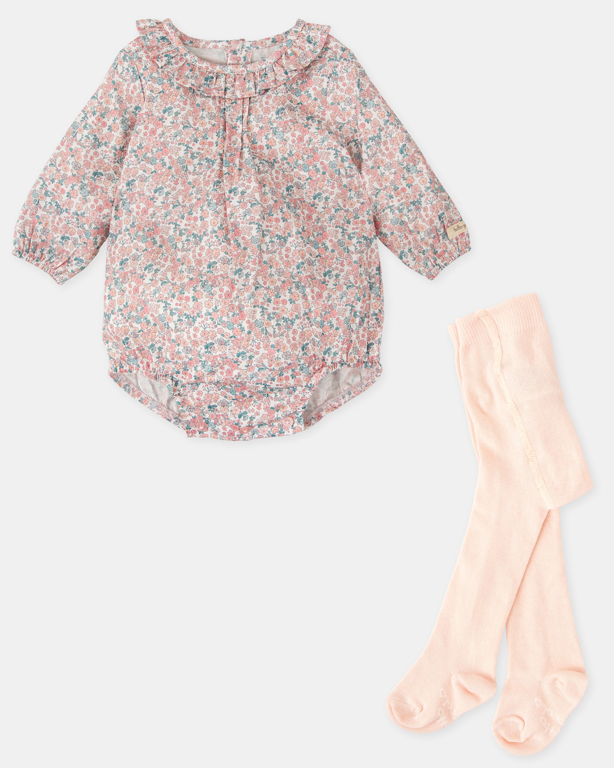 Conjunto para Bebé de Macacão Curto Flores com Collants Tutto Piccolo Rosa-4