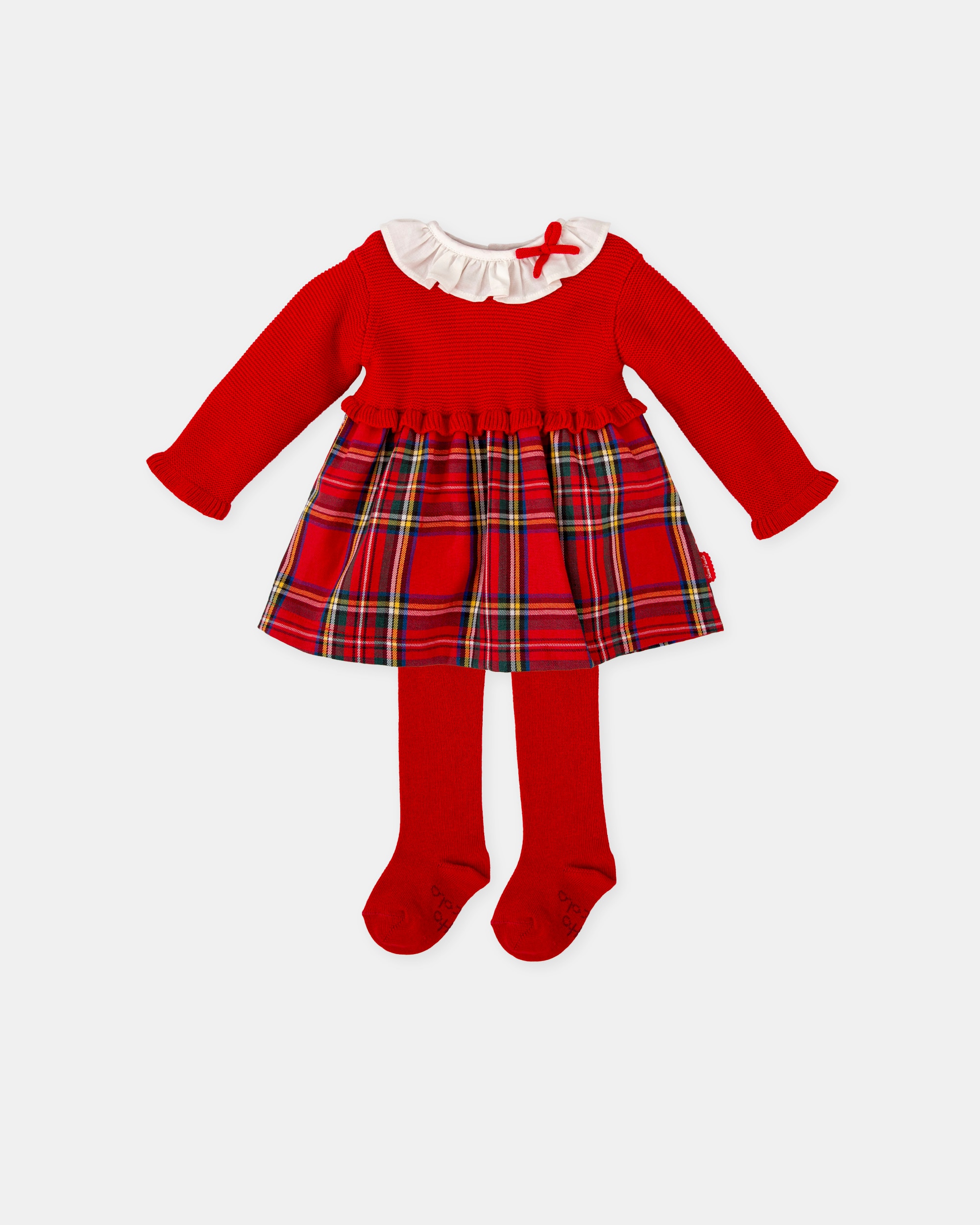 Conjunto para Bebé de Vestido Combinado em Tricot e aos Quadrados em Vermelho com Collants Tutto Piccolo Vermelho-1