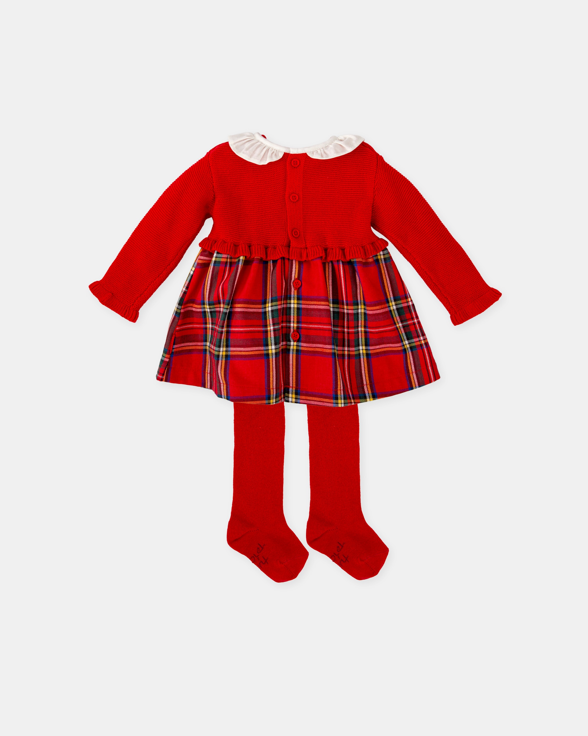 Conjunto para Bebé de Vestido Combinado em Tricot e aos Quadrados em Vermelho com Collants Tutto Piccolo Vermelho-2