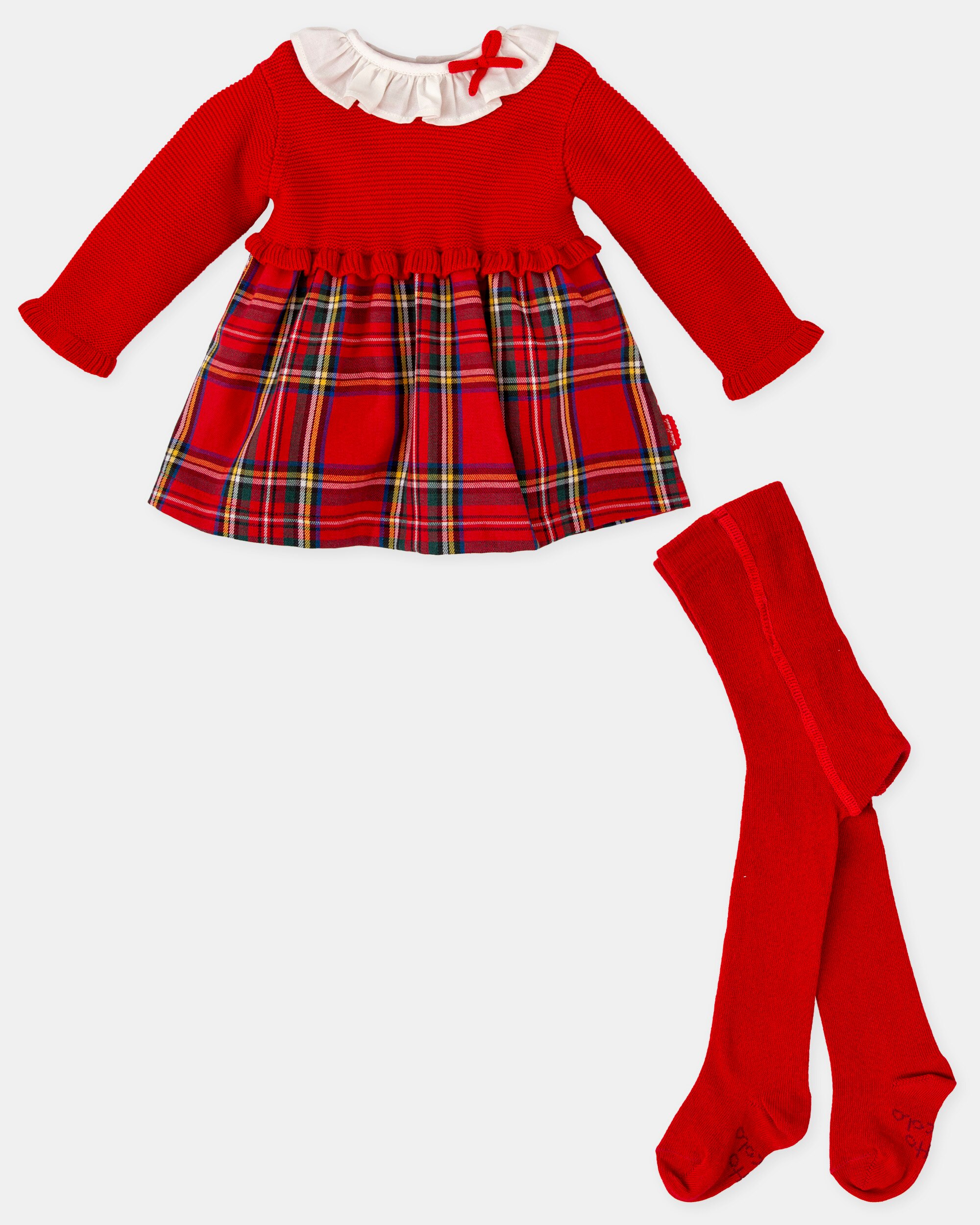Conjunto para Bebé de Vestido Combinado em Tricot e aos Quadrados em Vermelho com Collants Tutto Piccolo Vermelho-4