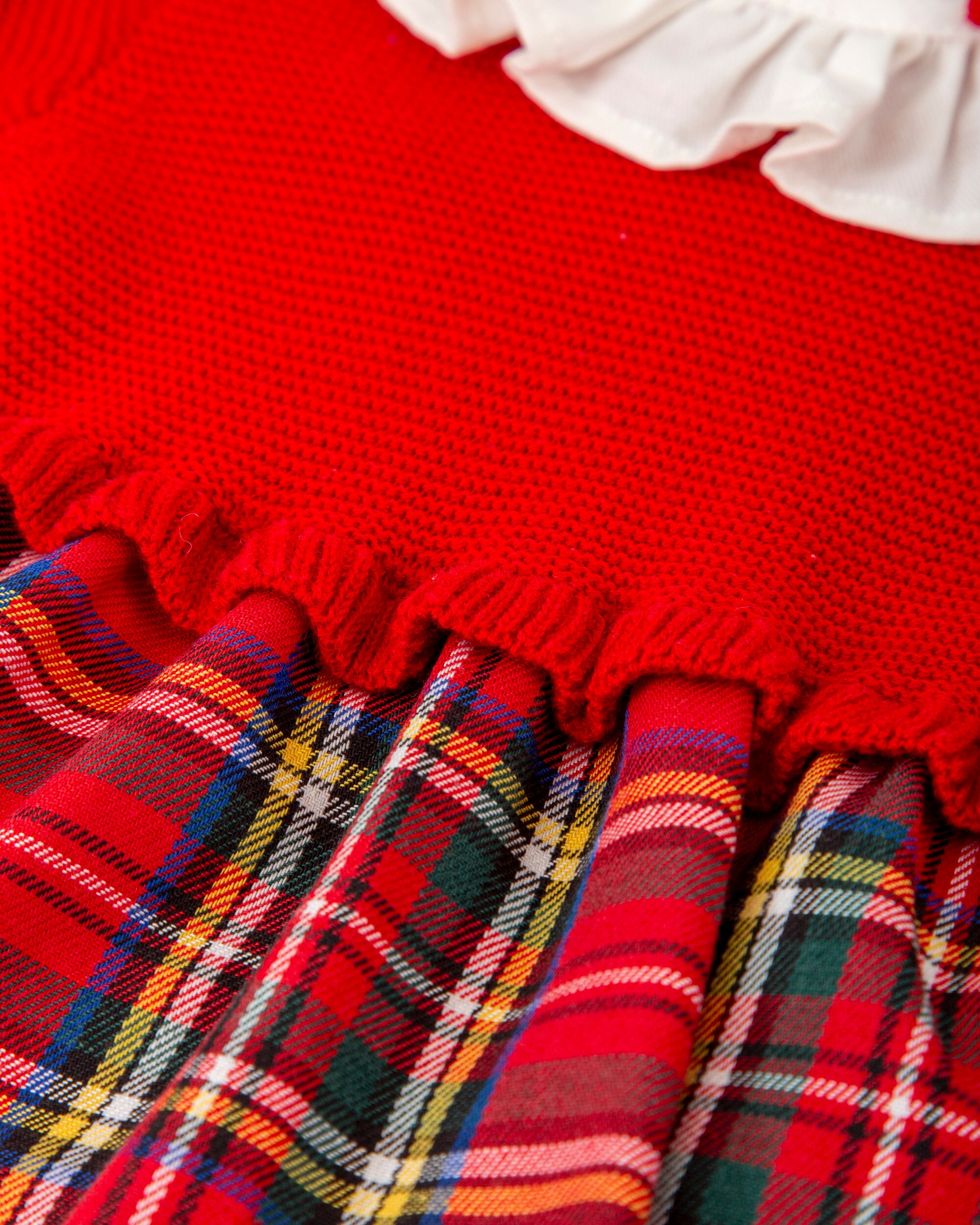 Conjunto para Bebé de Vestido Combinado em Tricot e aos Quadrados em Vermelho com Collants Tutto Piccolo Vermelho-5